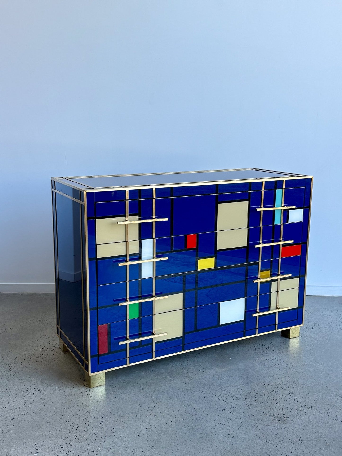 Italian Contemporary Murano blue Glass, Brass & Wood Chest of Drawers - Lumini Collections