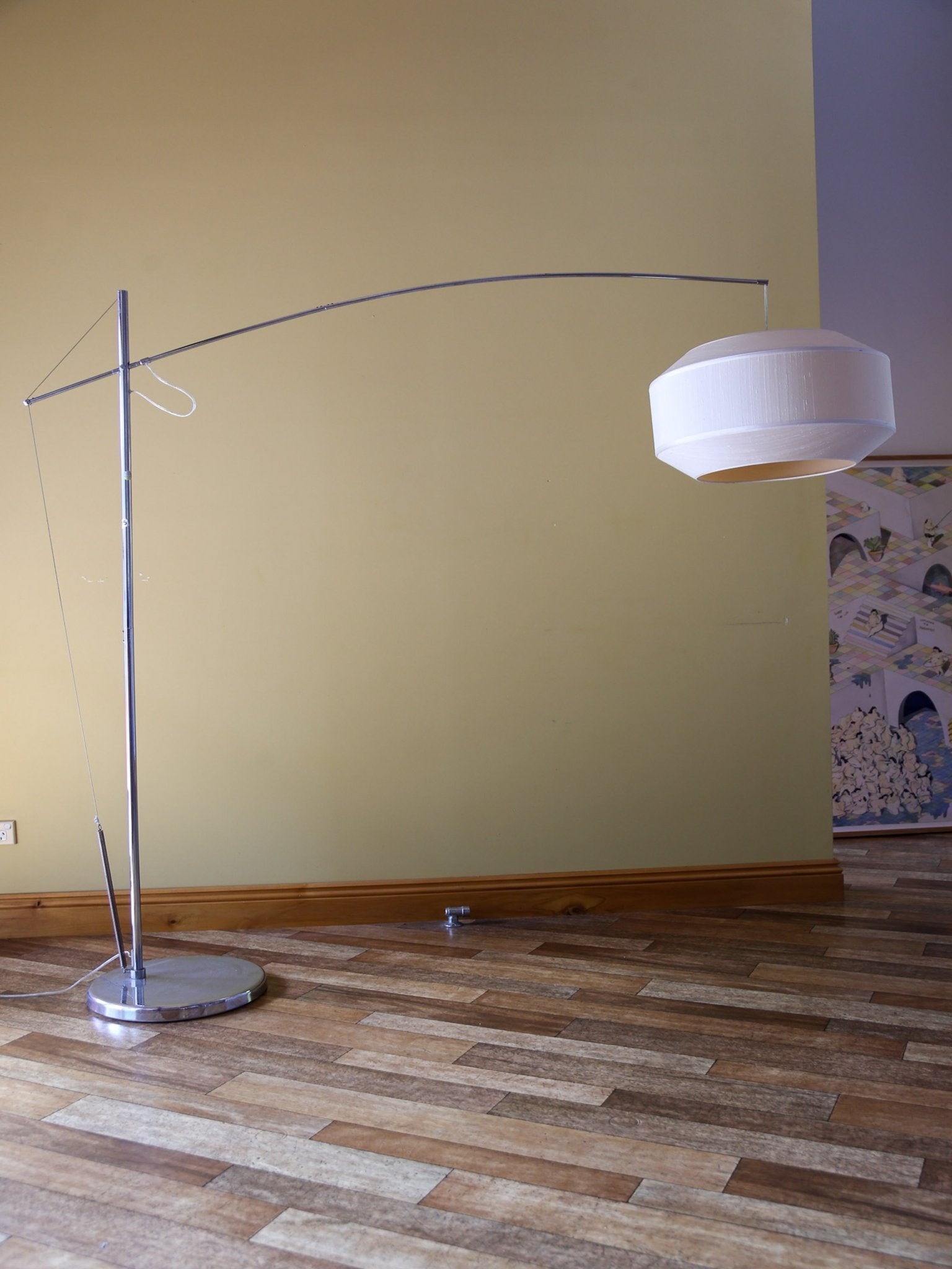 Italian Mid - Century Chrome Arc Floor Lamp with Suspended Shade - Lumini Collections