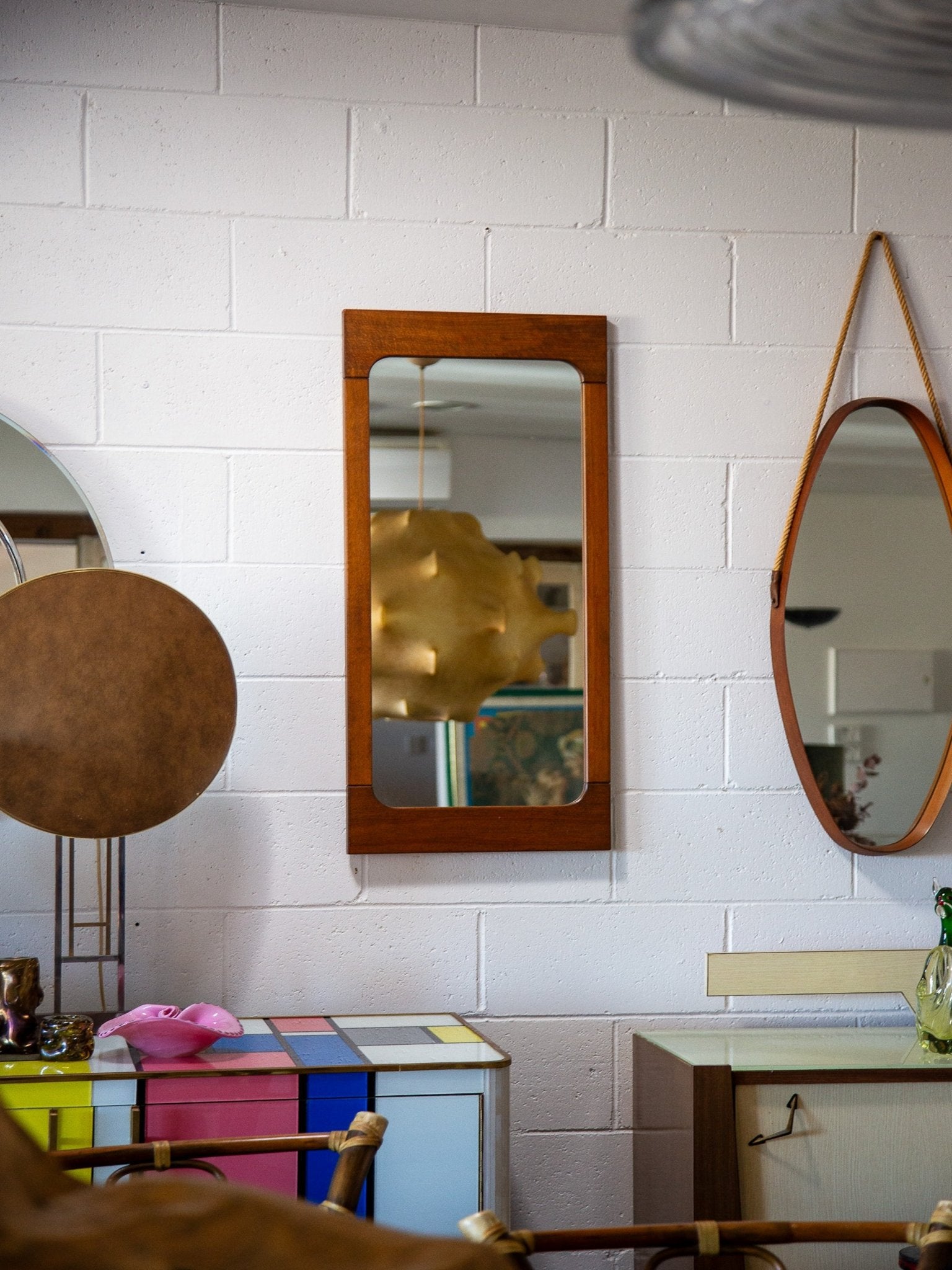 Italian Teak Mirror, 1960s – Mid - Century Rectangular Wall Mirror with Rounded Corners - Lumini Collections