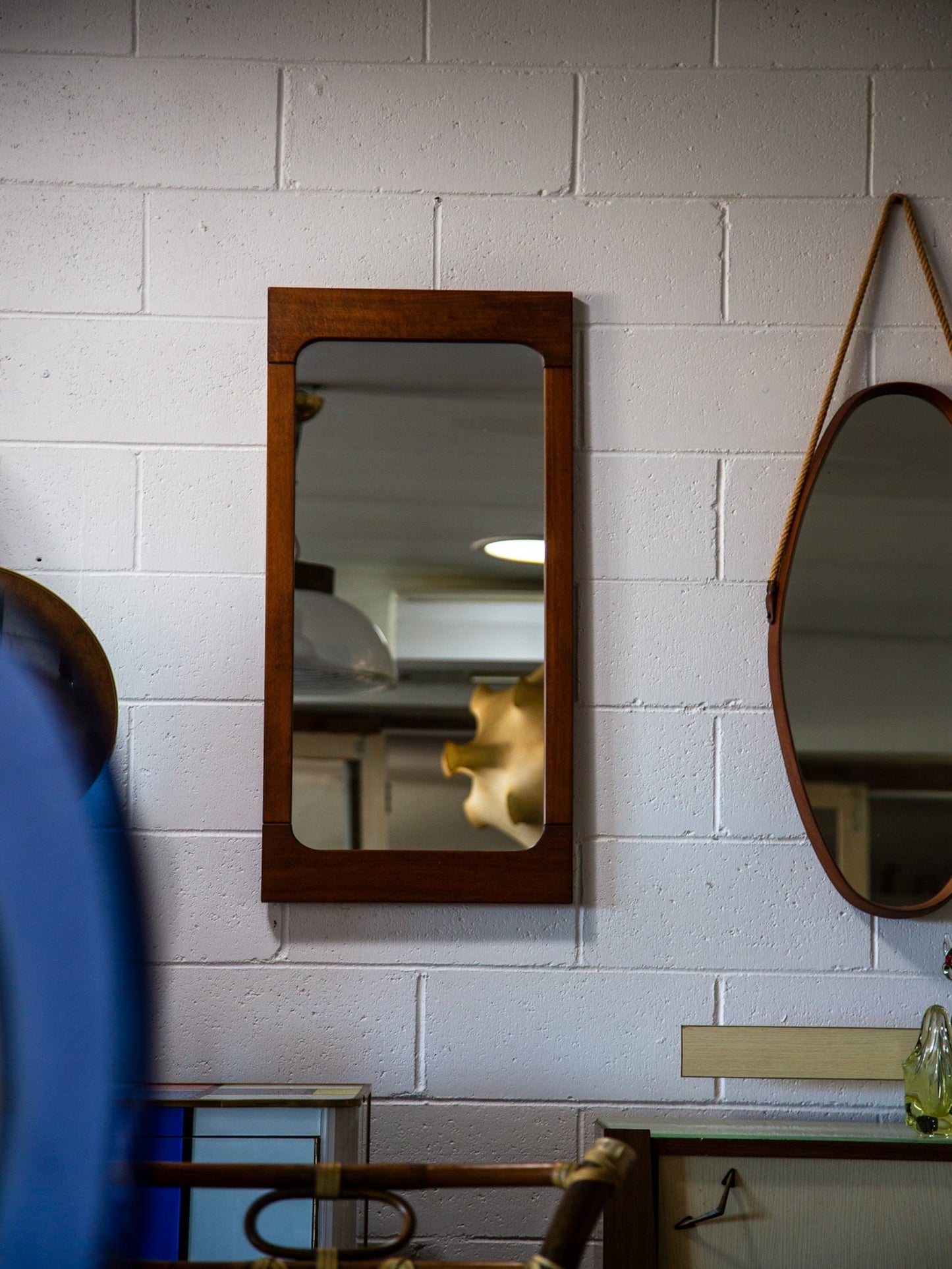 Italian Teak Mirror, 1960s – Mid - Century Rectangular Wall Mirror with Rounded Corners - Lumini Collections