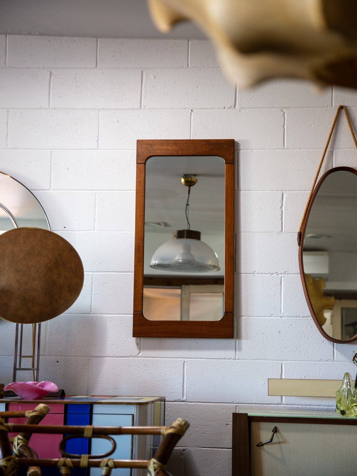 Italian Teak Mirror, 1960s – Mid - Century Rectangular Wall Mirror with Rounded Corners - Lumini Collections