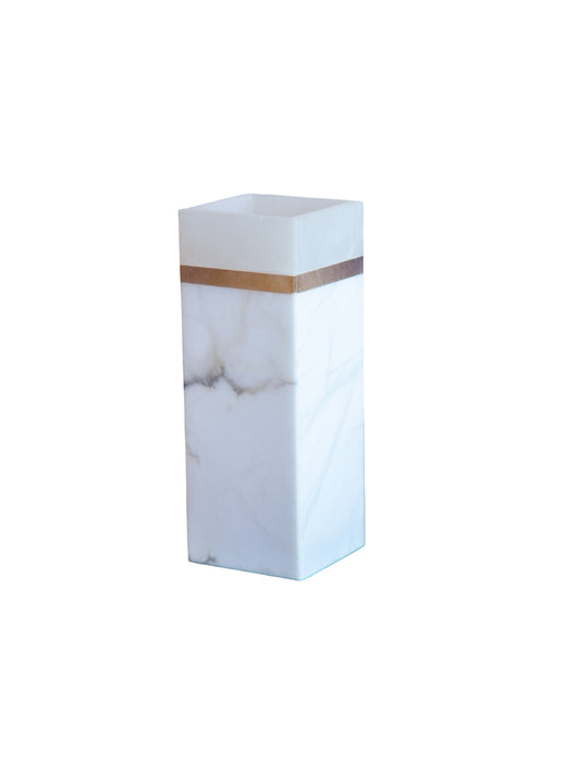 A 1970s Italian alabaster vase in square form with a translucent white body and a warm ochre-toned alabaster band encircling the top, shown isolated on a white background.