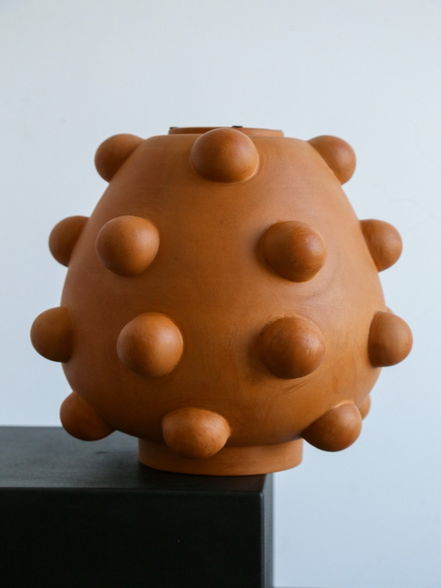 Terracotta vase with spherical protrusions on a light gray background