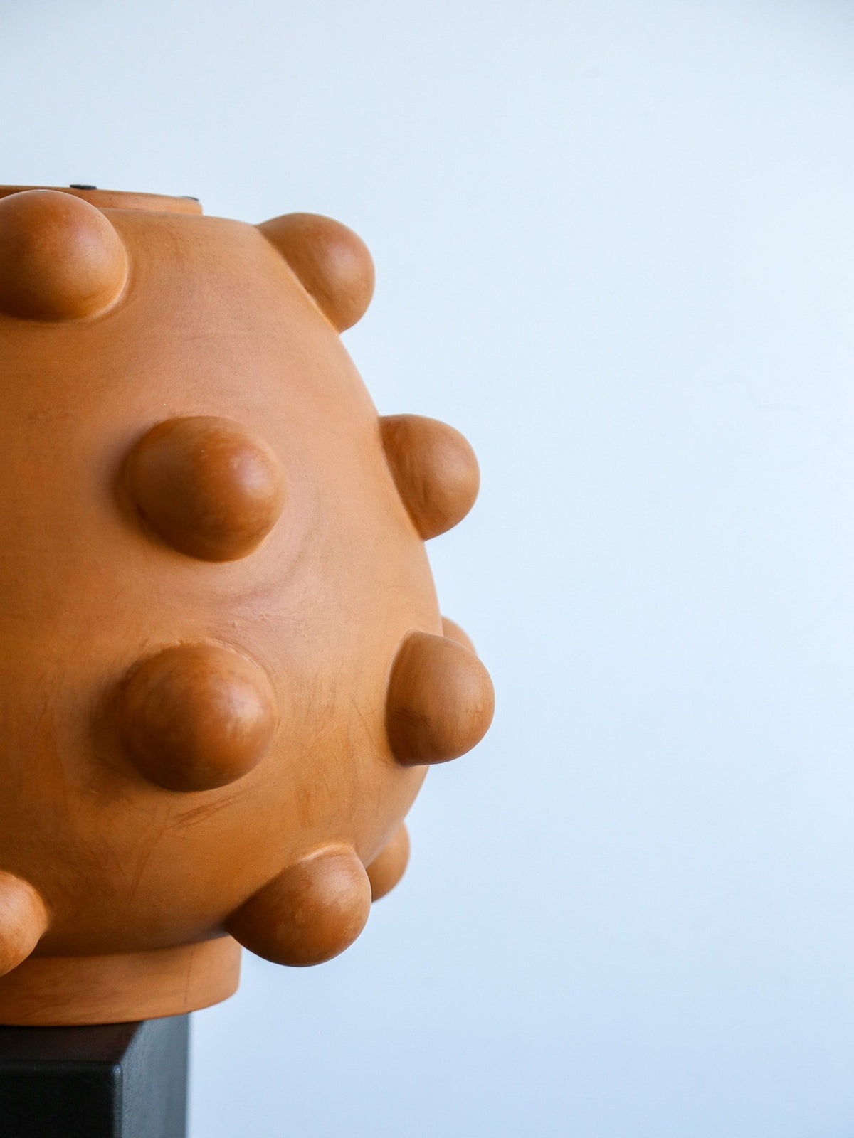 Brown textured spherical object against a light blue background