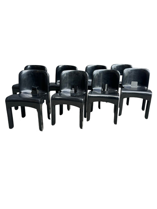 Joe Colombo for Kartell Universale Black Plastic Dining Chairs Set of Eight - Lumini Collections