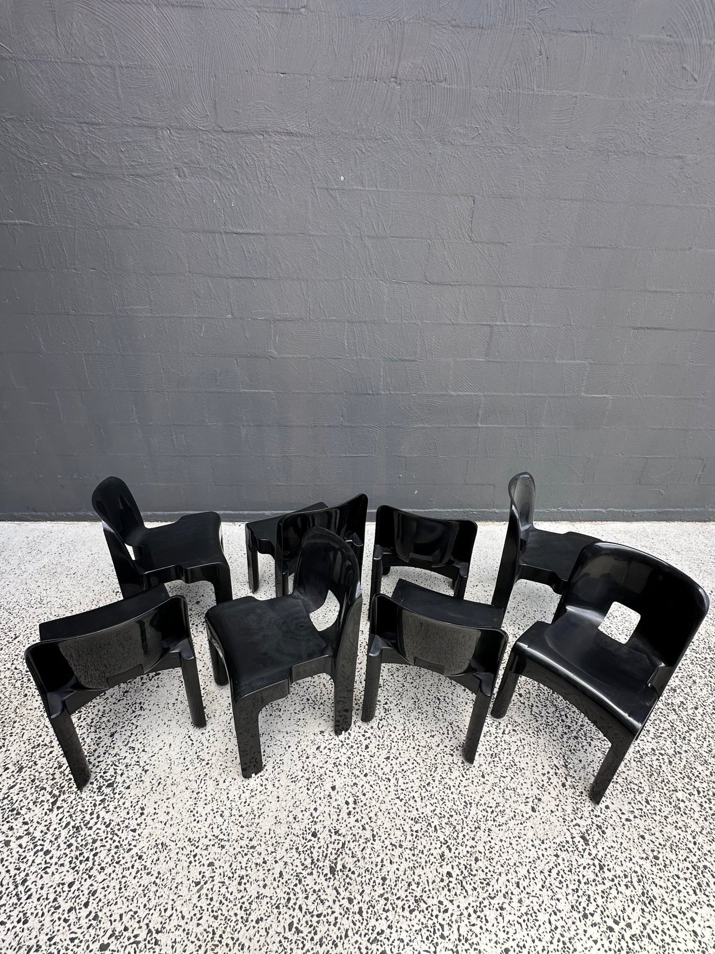 Joe Colombo for Kartell Universale Black Plastic Dining Chairs Set of Eight - Lumini Collections