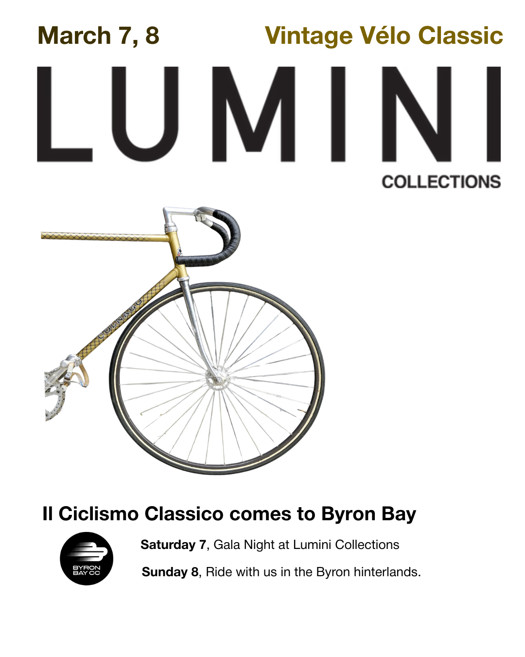 Advertisement for Lumini Collections Vintage Vélo Classic event with a vintage bicycle on a white background.