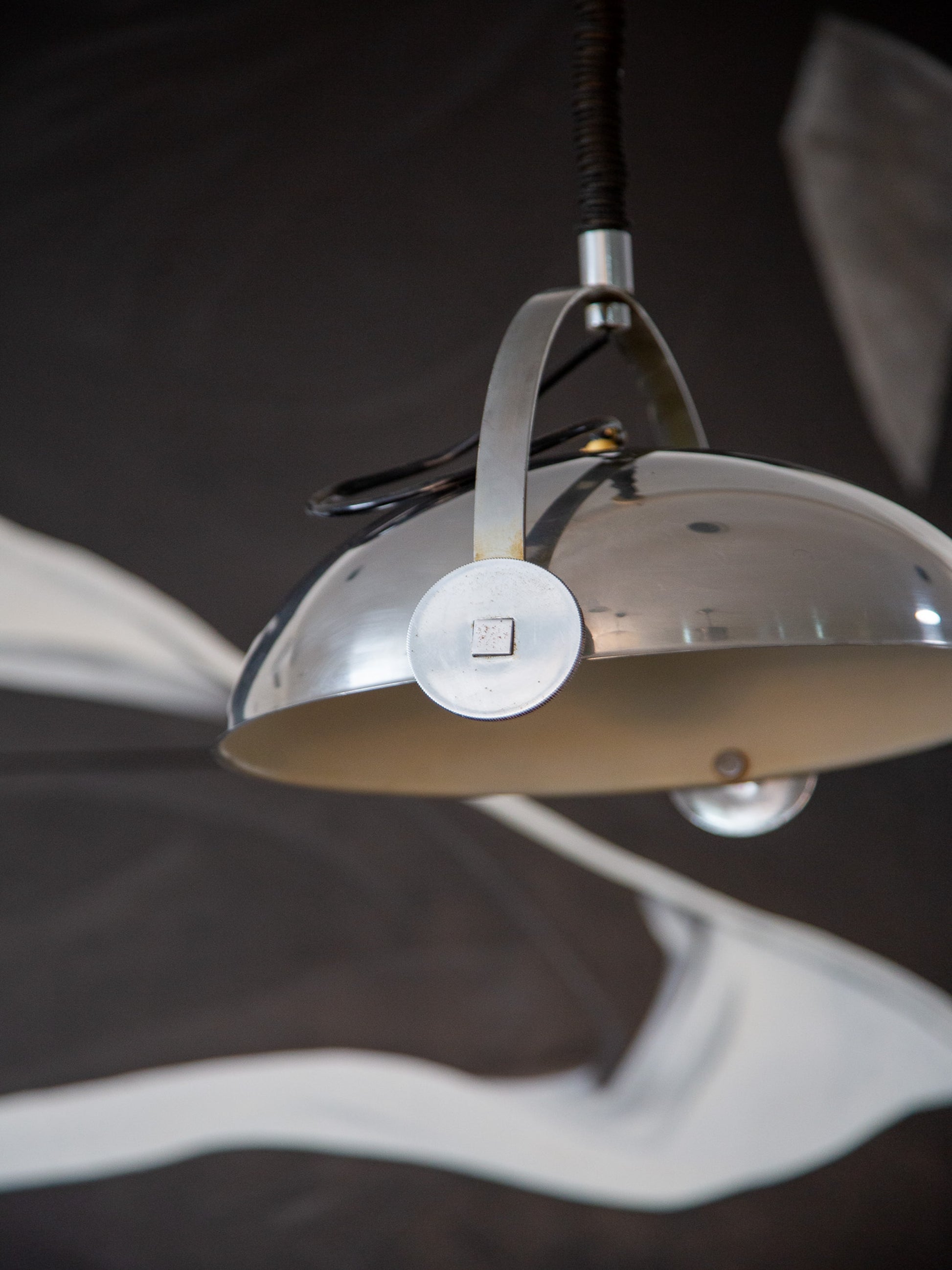  Vintage Italian chrome ceiling lamp by Goffredo Reggiani, featuring curved metal arms and round diffuser
