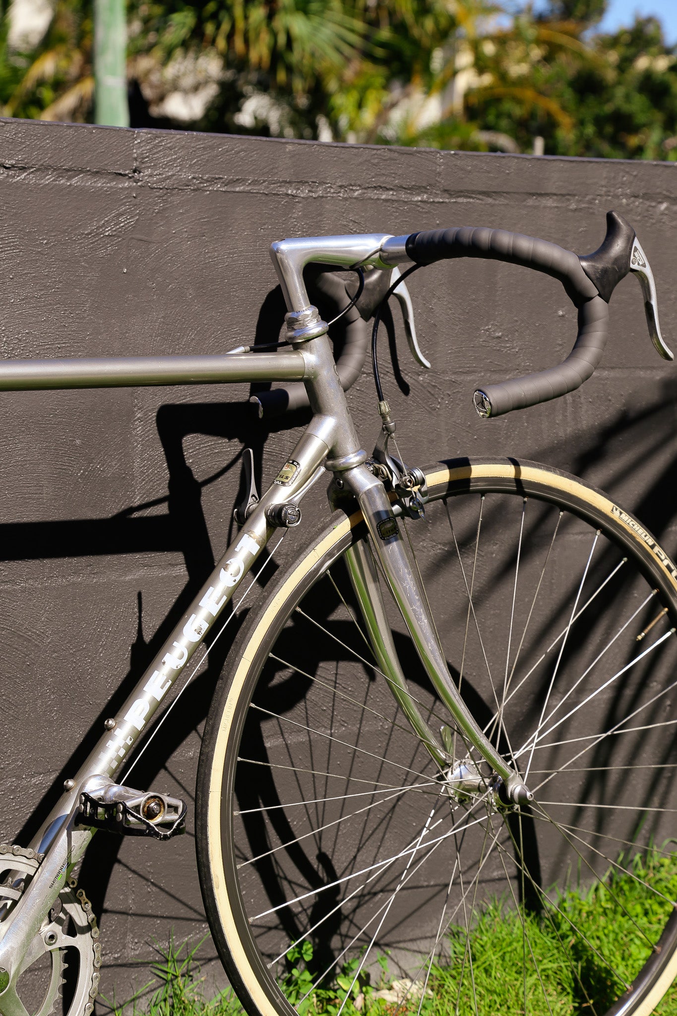 A close-up of a vintage road bicycle with a metallic silver frame, black drop handlebars, and a tan sidewall tire, leaning against a dark gray wall outdoors.