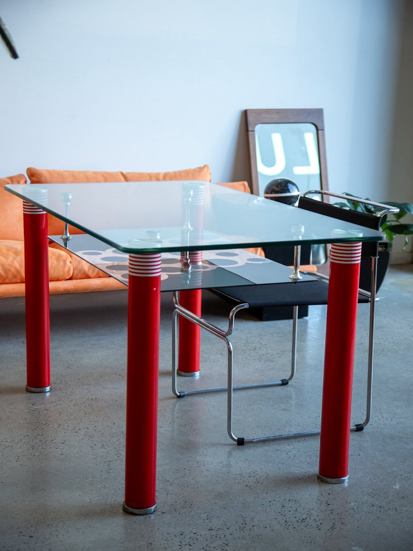 Postmodern Glass Dining Table with Red Lacquered Legs Italy - Lumini Collections