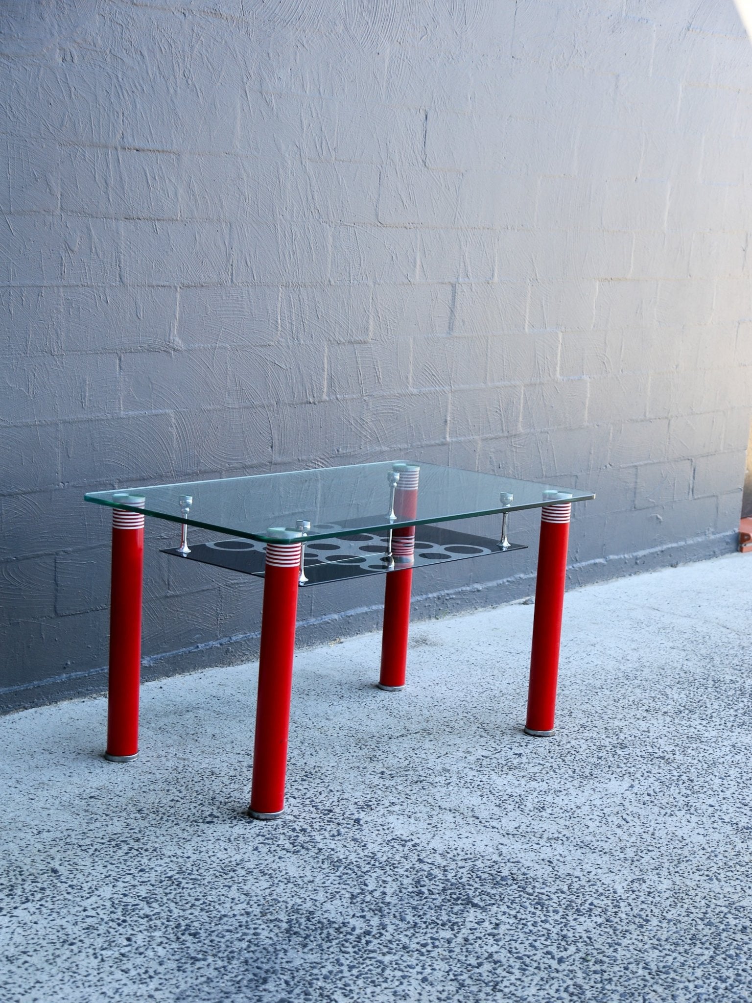 Postmodern Glass Dining Table with Red Lacquered Legs Italy - Lumini Collections
