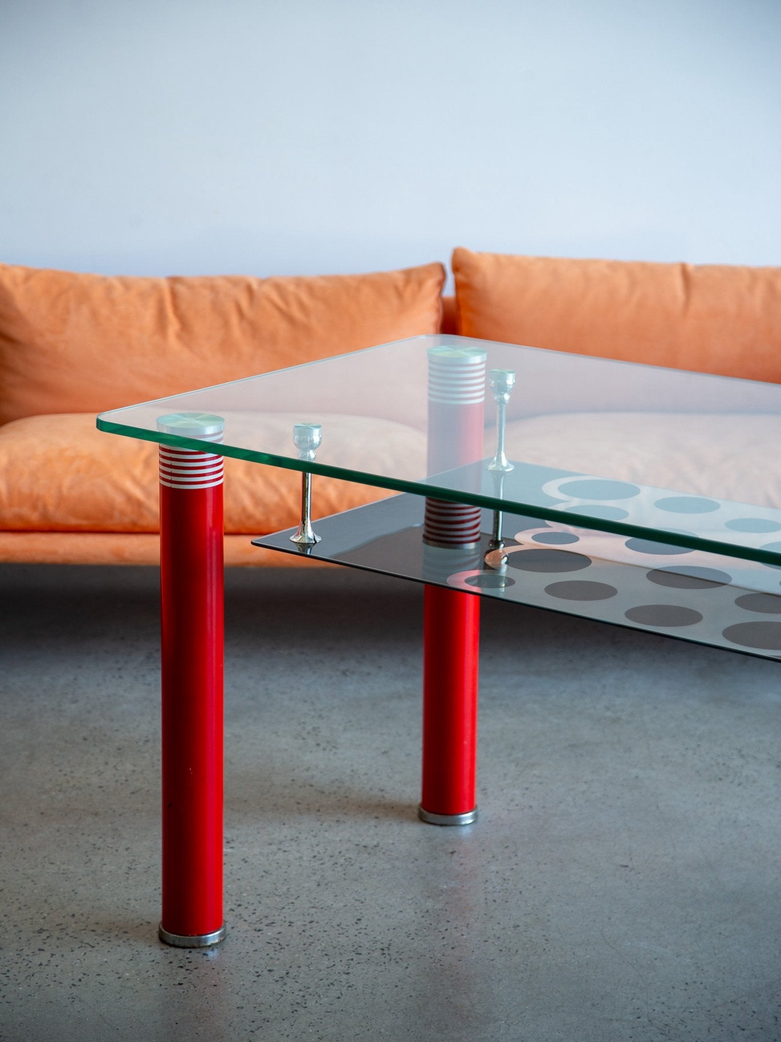 Postmodern Glass Dining Table with Red Lacquered Legs Italy - Lumini Collections