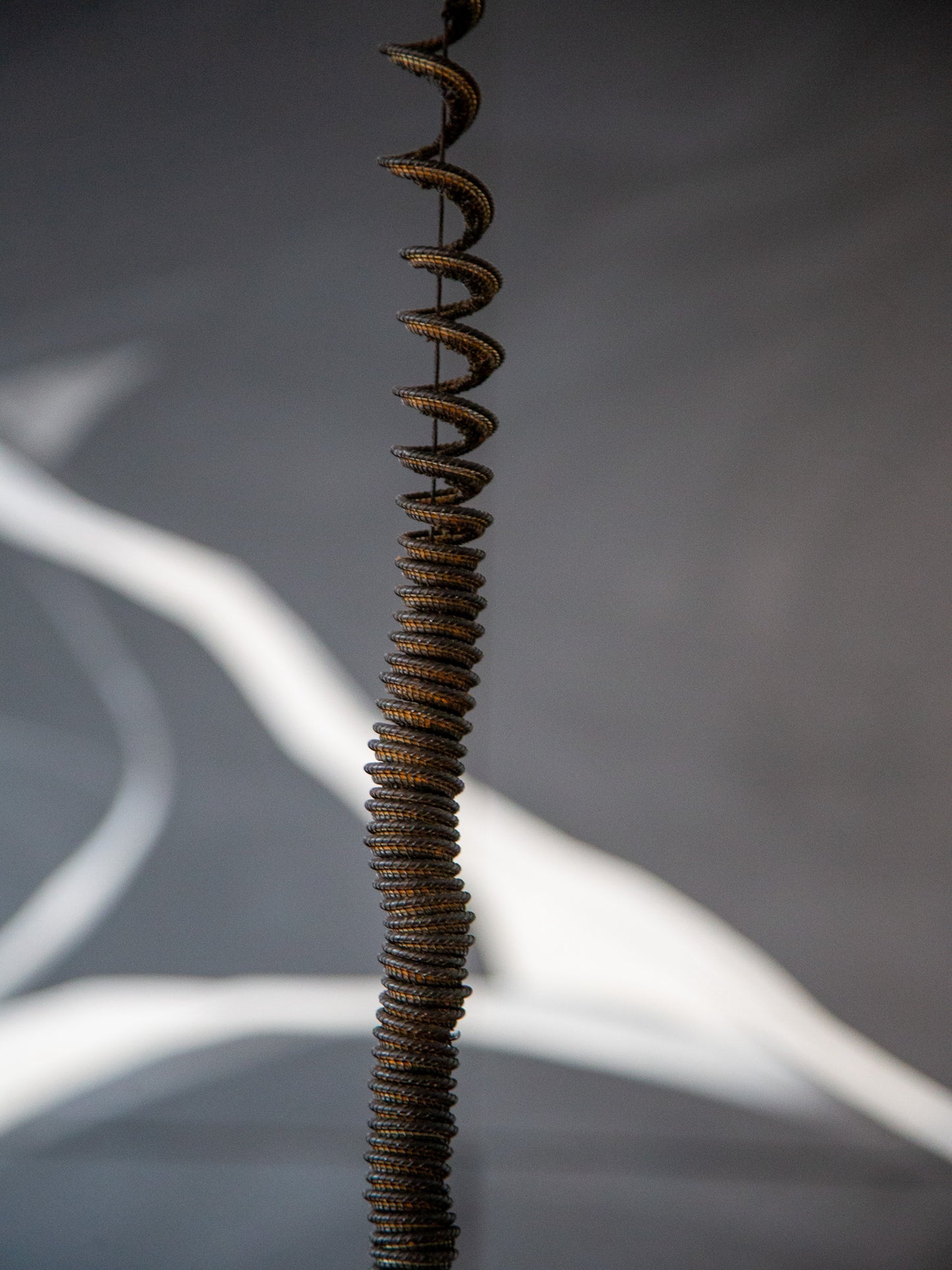 Coil cord detail of vintage Goffredo Reggiani pendant light, showing 1960s space-age industrial design