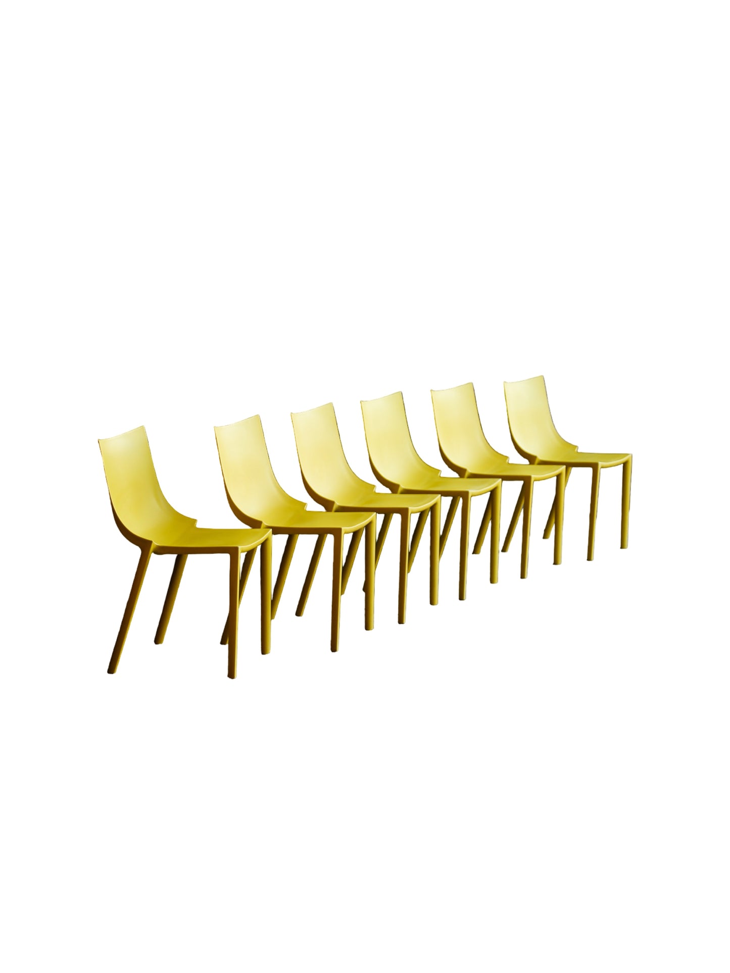 Set of yellow chairs arranged in a row on a white background
