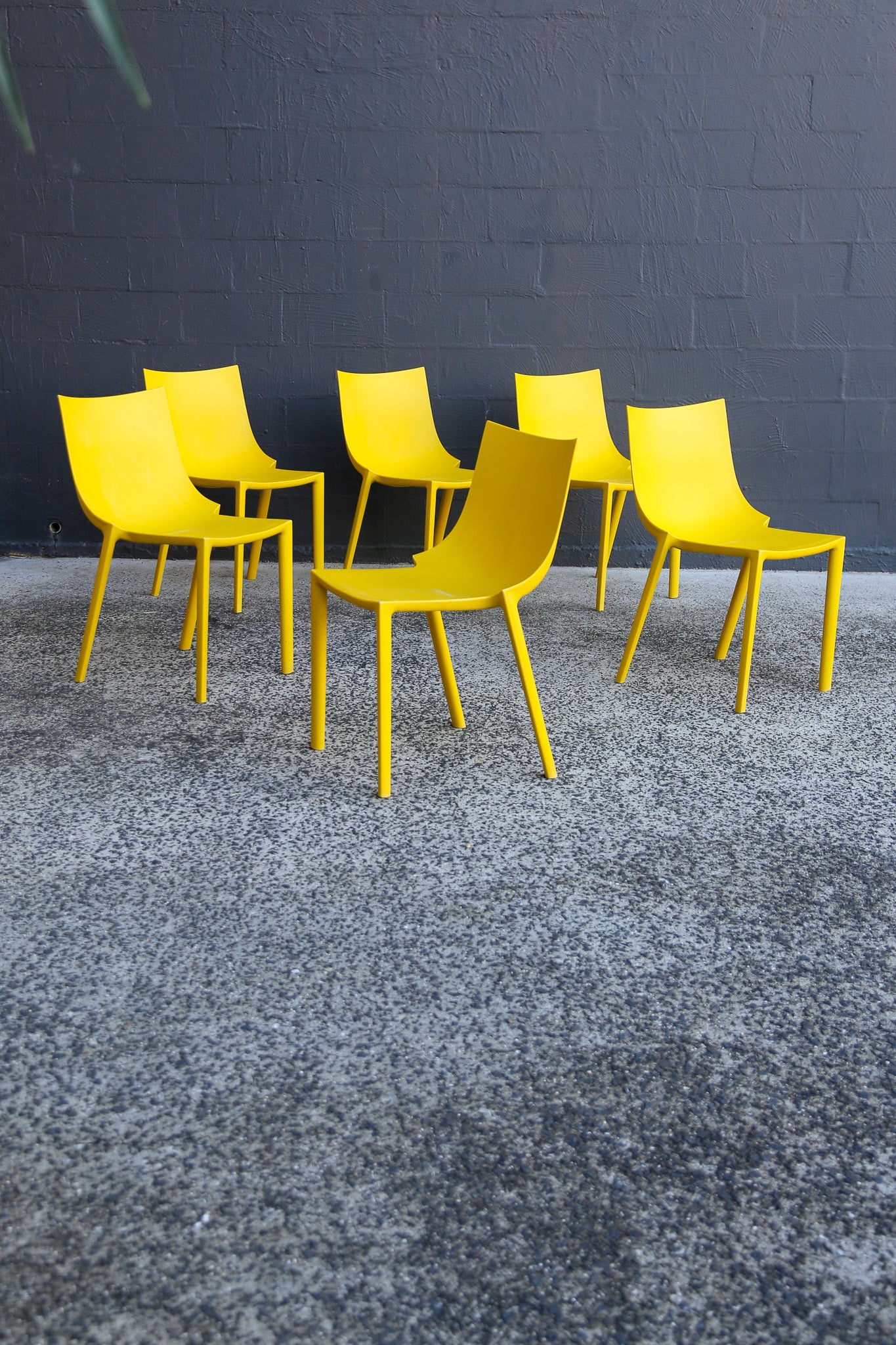 Yellow chairs arranged in a row against a dark gray wall.