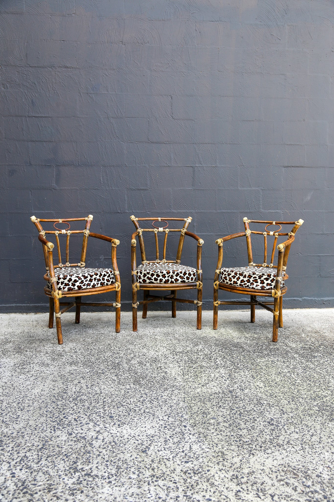 Set of Three McGuire Bamboo Armchairs with Leopard Upholstery, USA, 1970s