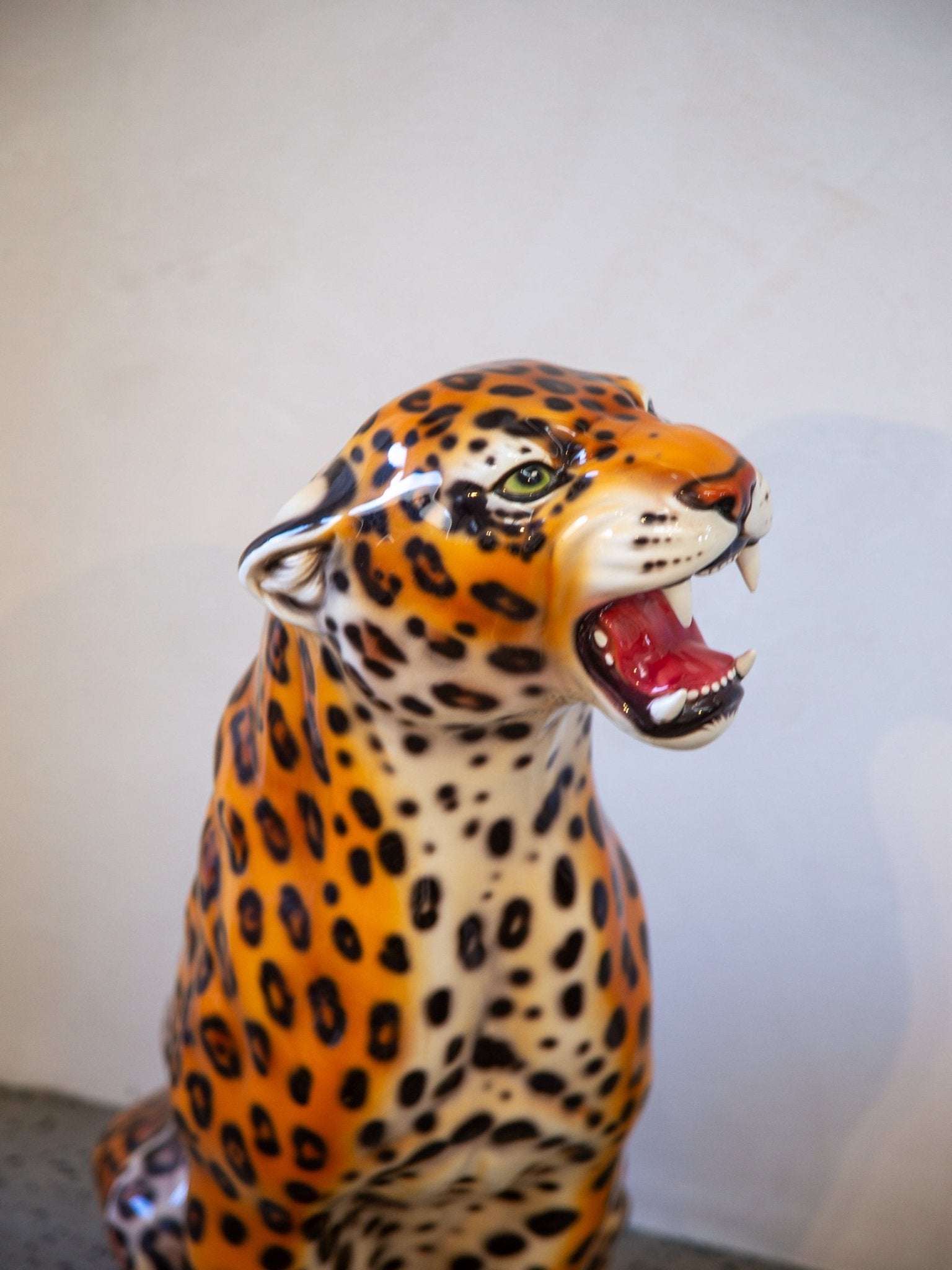 Set of Two Mid - century Italian Hand - painted Ceramic Leopard Statue - Lumini Collections