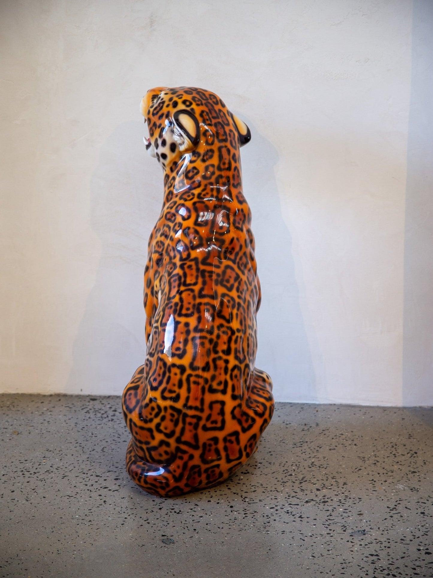 Set of Two Mid - century Italian Hand - painted Ceramic Leopard Statue - Lumini Collections