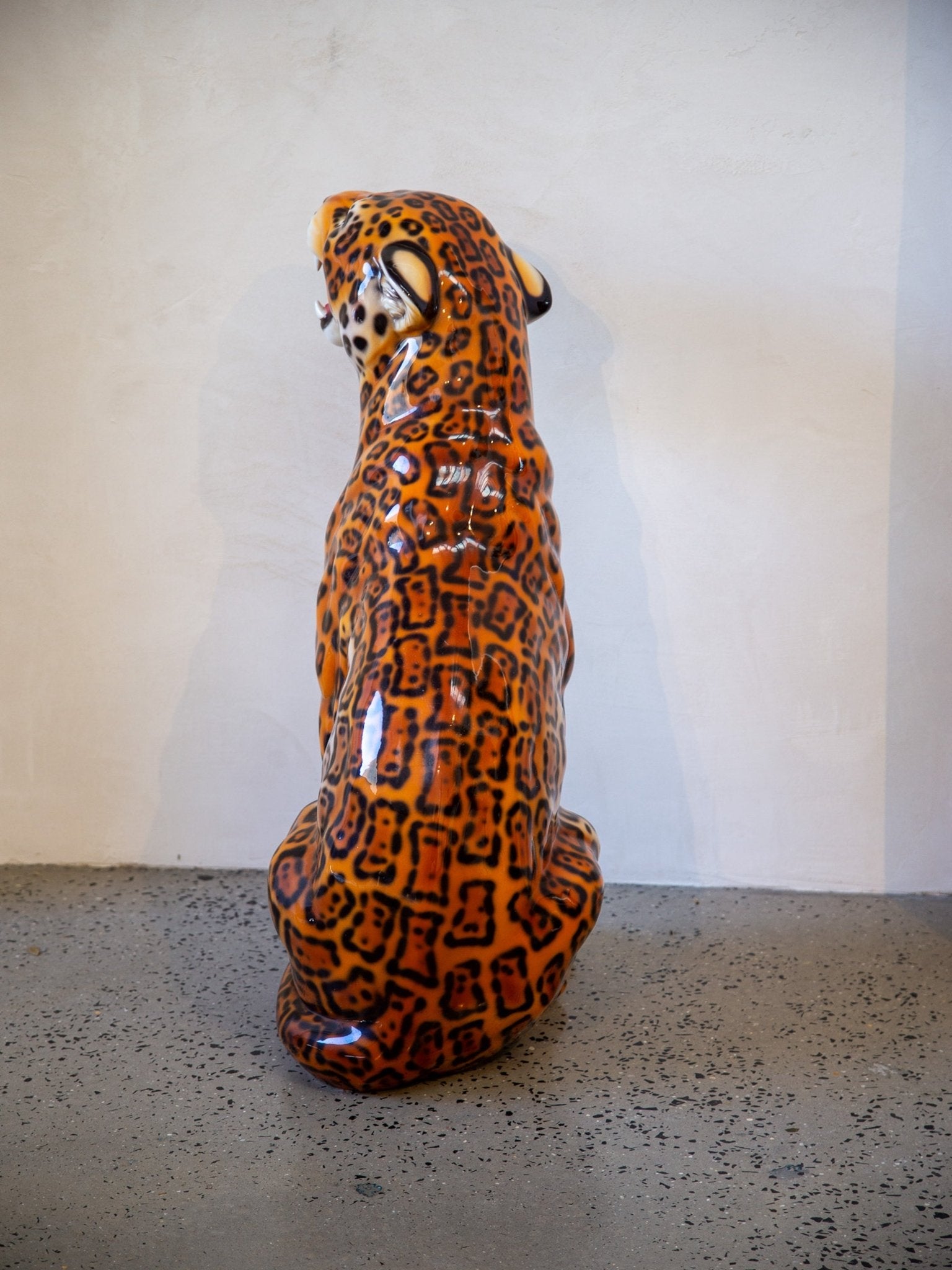 Set of Two Mid - century Italian Hand - painted Ceramic Leopard Statue - Lumini Collections