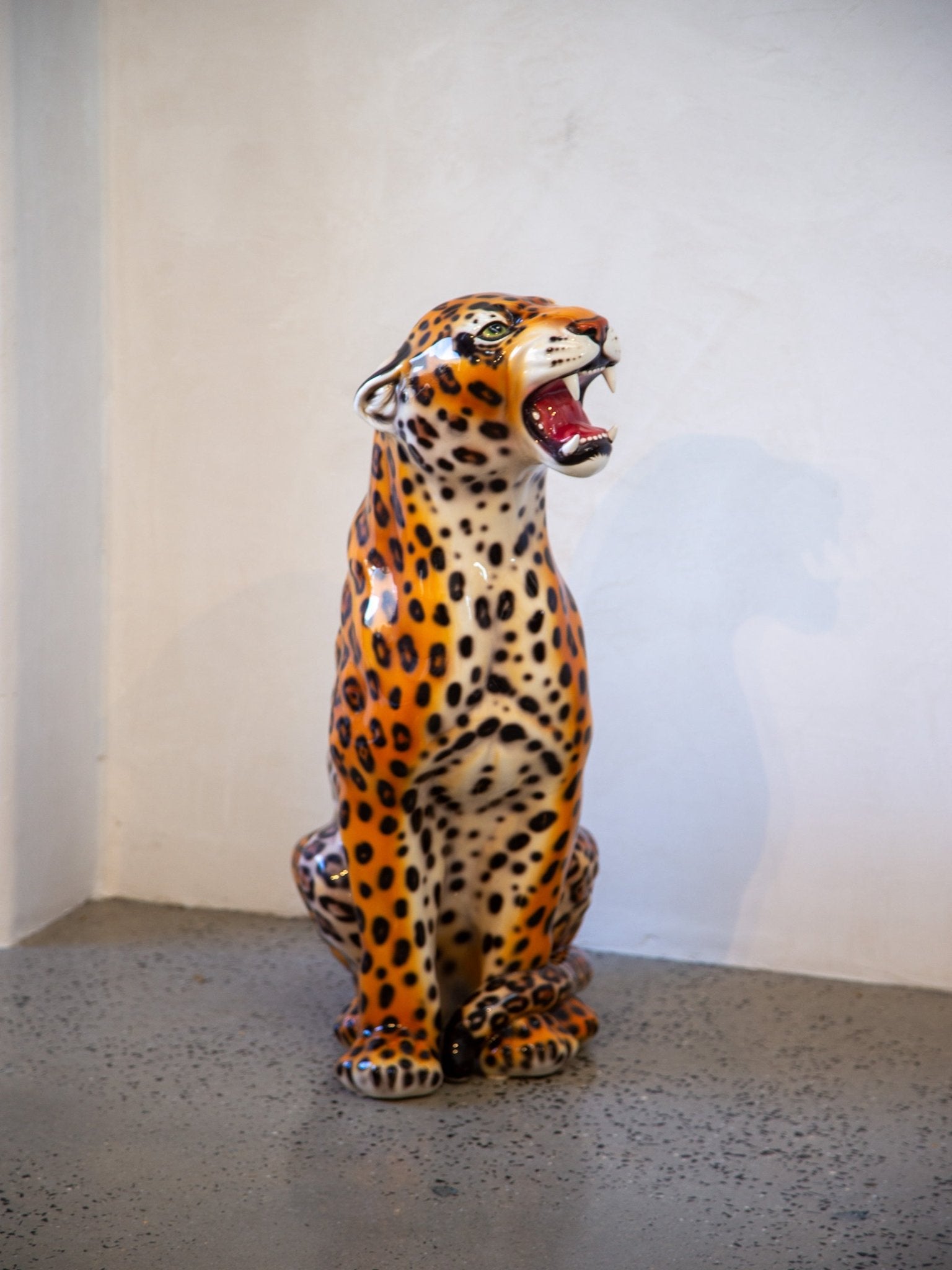 Set of Two Mid - century Italian Hand - painted Ceramic Leopard Statue - Lumini Collections