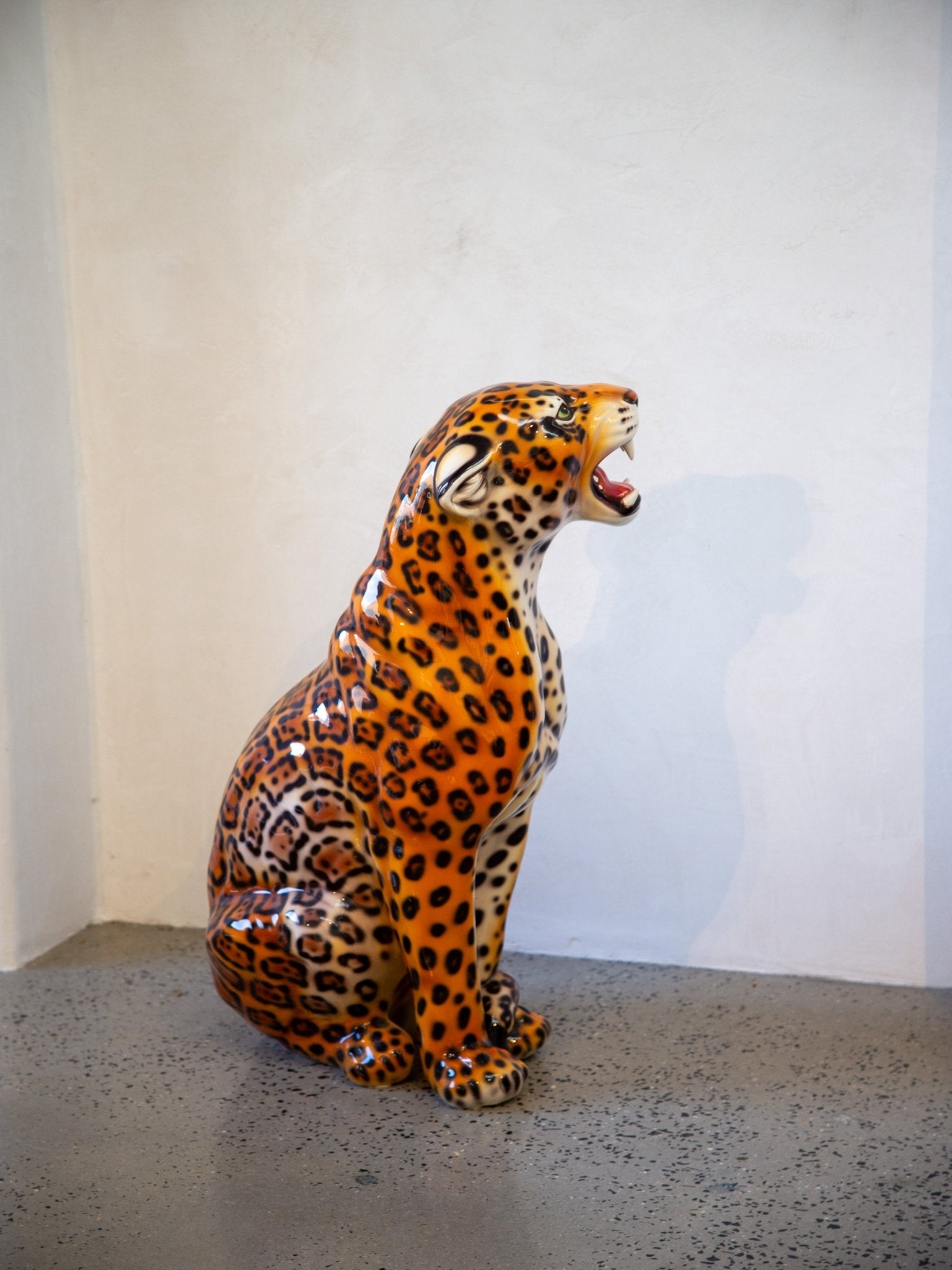 Set of Two Mid - century Italian Hand - painted Ceramic Leopard Statue - Lumini Collections