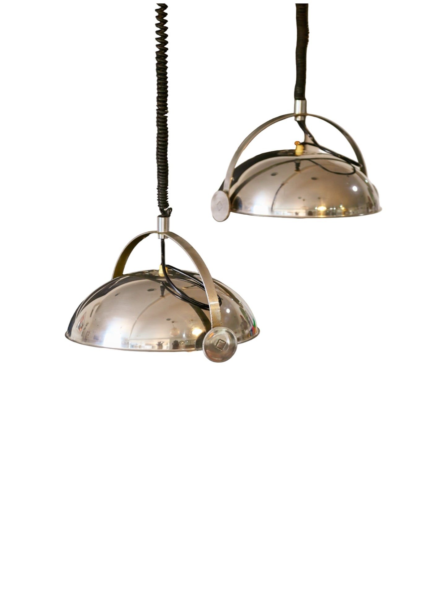 Pair of midcentury chrome pendant lights by Goffredo Reggiani for Reggiani S.p.A., showcasing minimalist dome design and adjustable industrial cords, 1960s Italy
