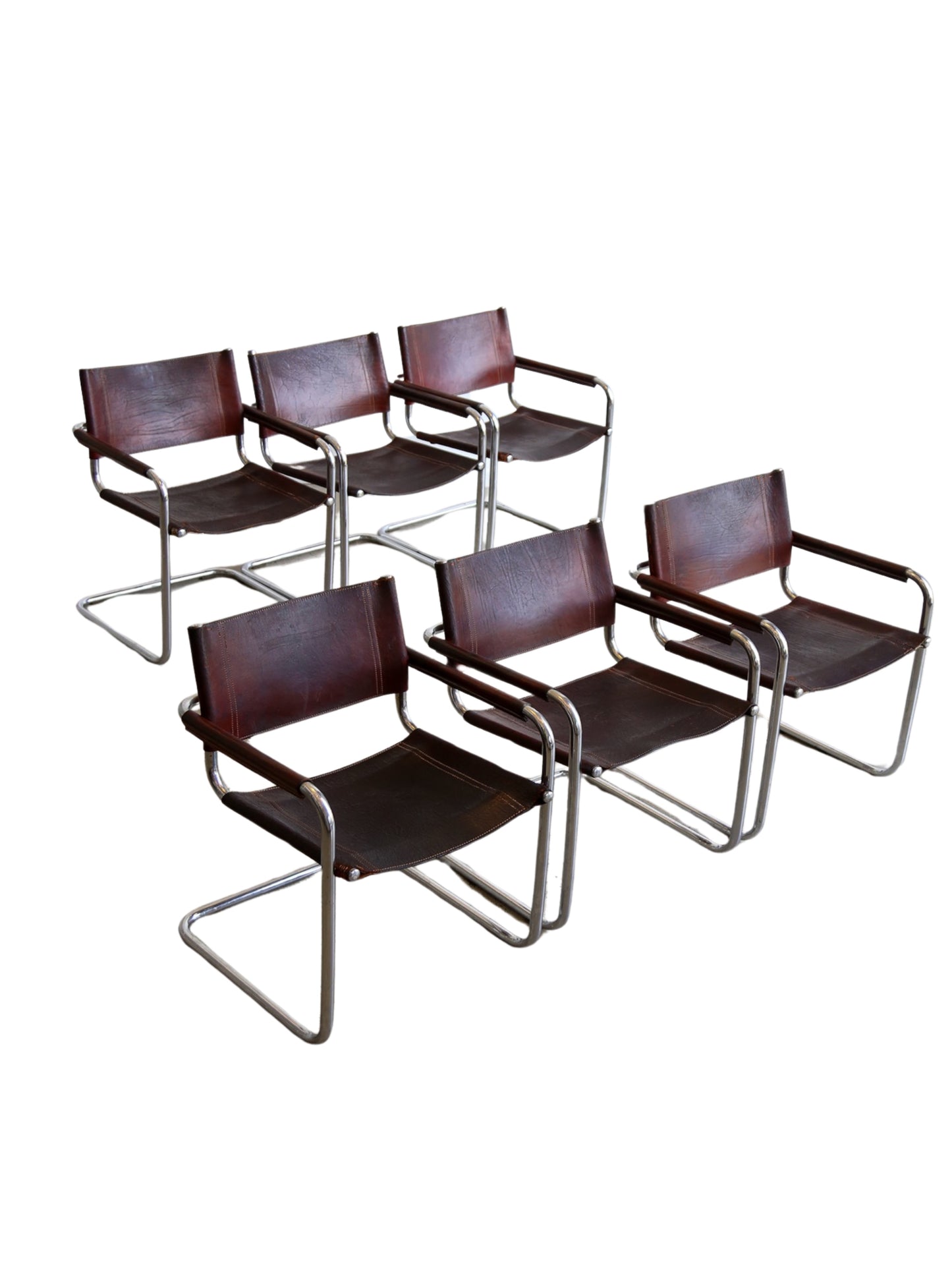 S34 Marcel Breuer Brown Leather & Chrome Set of Six Chairs 1970s