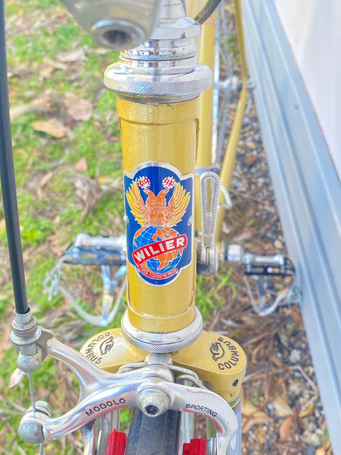 Close-up of a bicycle fork with a gold-colored anodized frame, featuring a blue and red 'Wilier' emblem and silver brake levers.