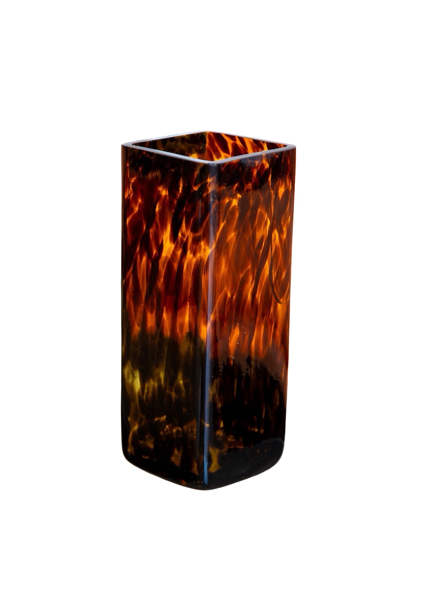 Italian vintage Murano-style tortoiseshell glass vase, isolated on white background showcasing its rectangular form and marbled amber finish