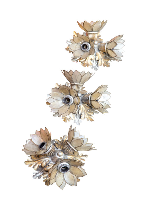 Set of Three Italian Floral Sconces in Gilt Iron by Banci Firenze