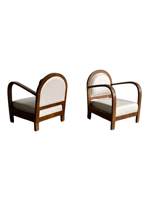 Italian Art Deco Set of Two Fabric & Mahogany Armchairs