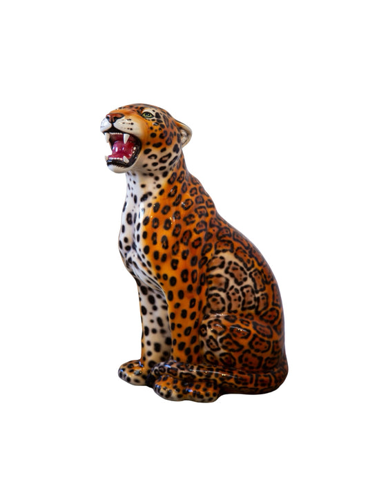 Large leopard vintage statue with open mouth on a white background in made in ceramic and hand painted 
