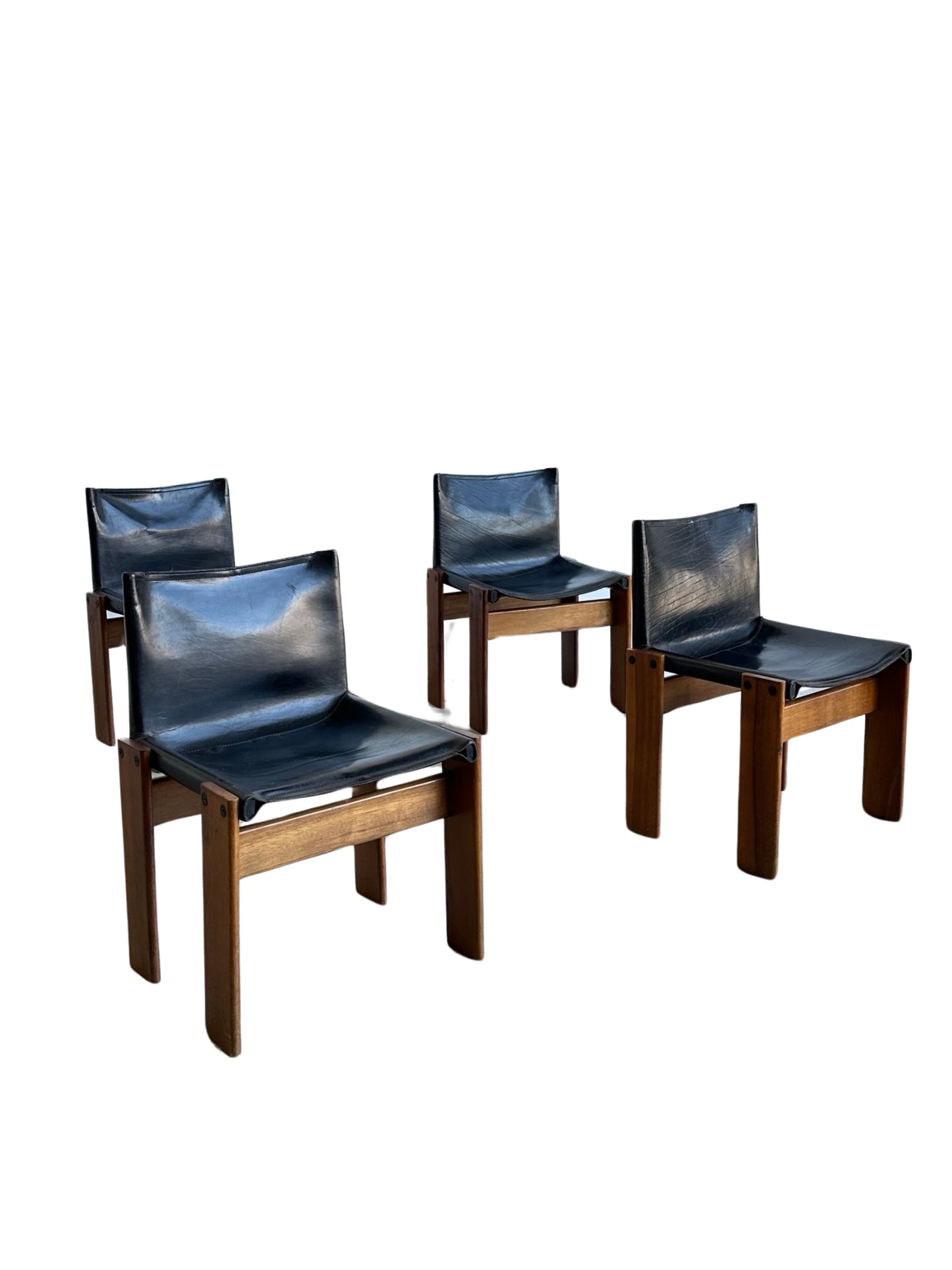 "Monk" Set of Four Black Leather & Walnut Timber Chairs by Afra and Tobia Scarpa for Molteni