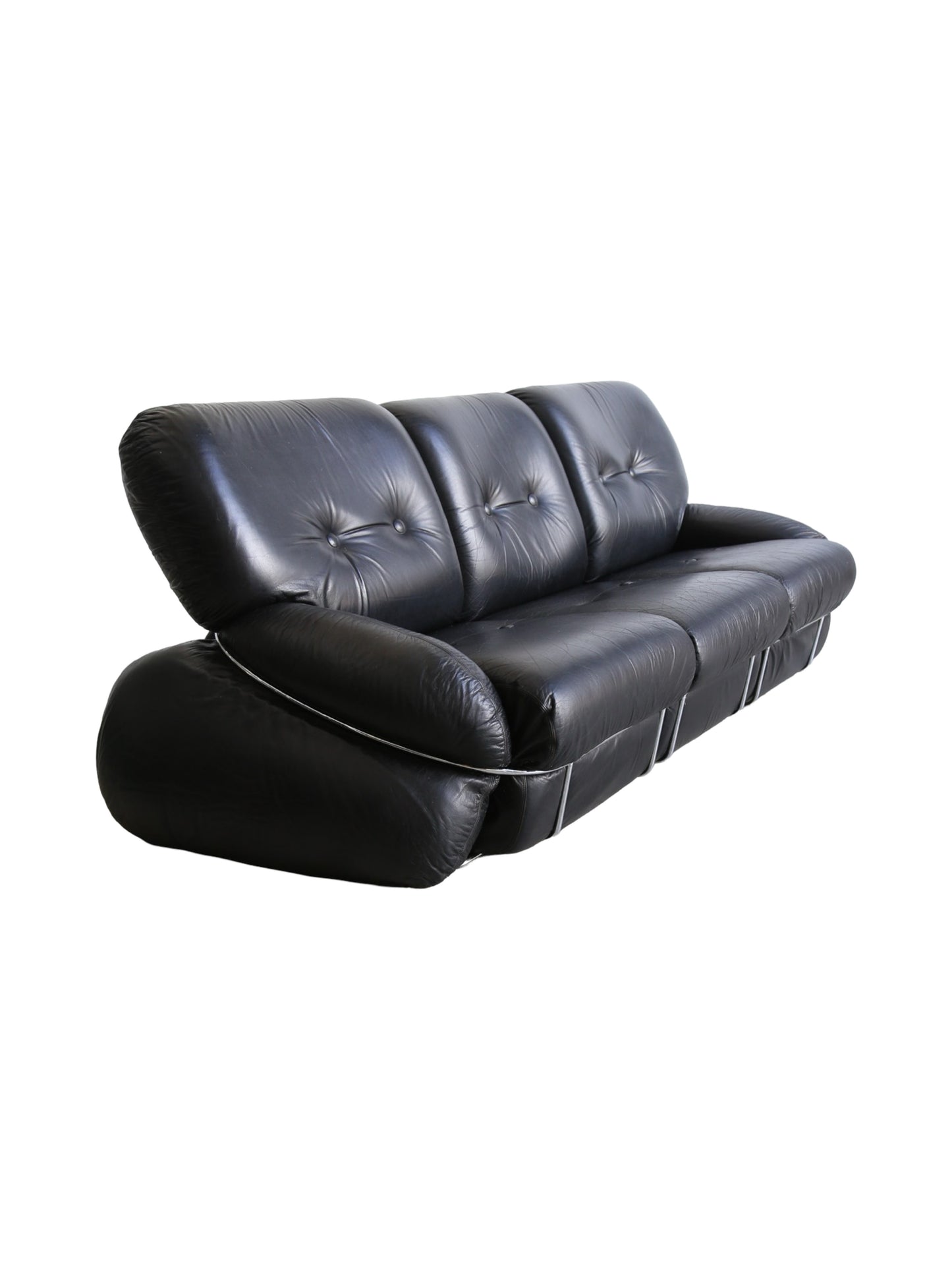 Okay Three Seater Sofa by Adriano Piazzesi In Balck Leather and Chrome 1970s