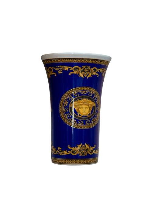 Luxury cobalt blue porcelain vase by Rosenthal for Versace, 1990s. Featuring 24k gold baroque details and Medusa motif. Iconic collectible Versace homeware.
