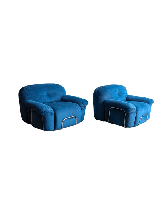 Adriano Piazzesi Armchairs in Blue Marine Velvet and Chrome Frame