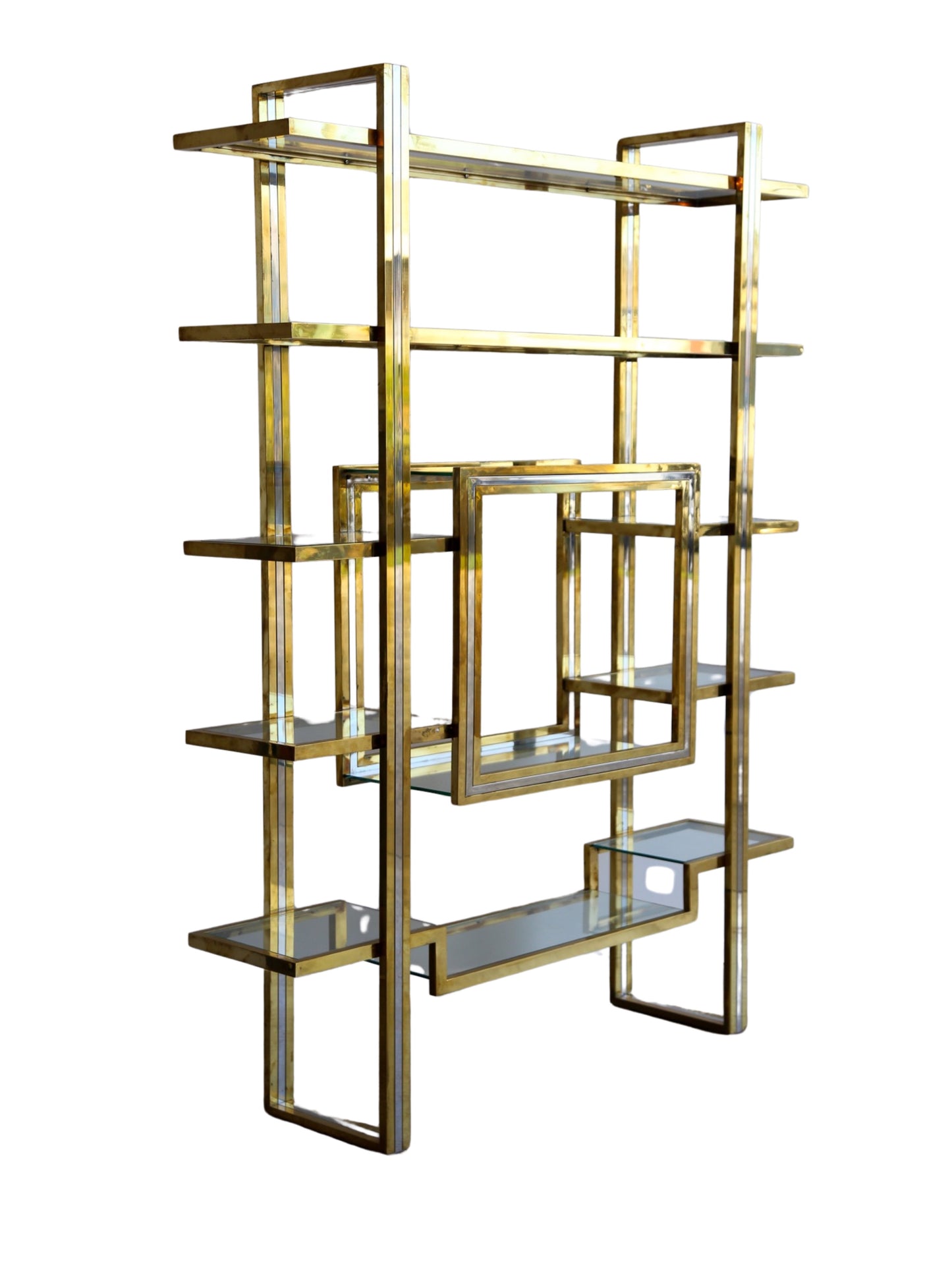 Romeo Rega Large Standing Brass, Chrome & Glass Bookshelf 1970s