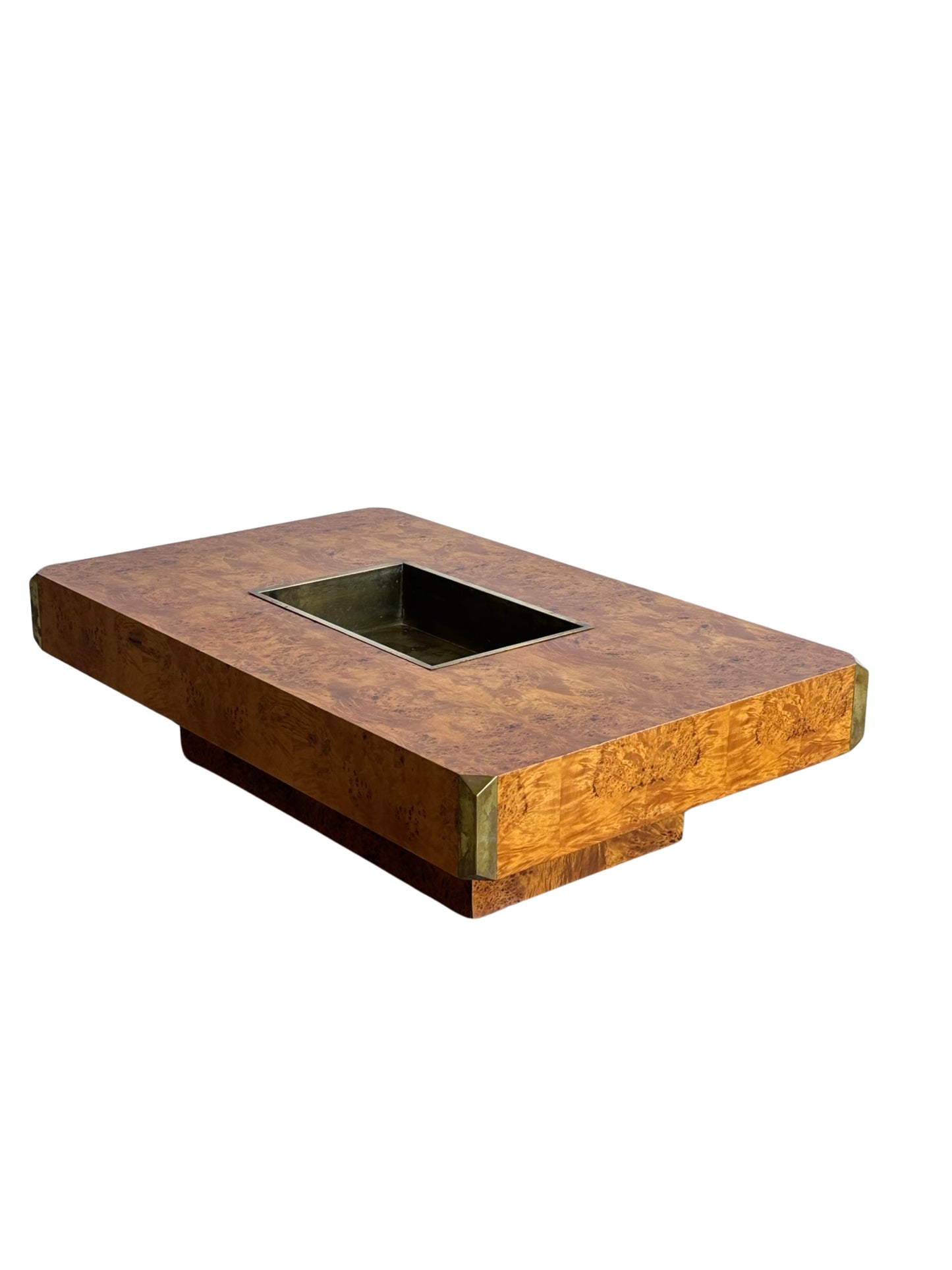 "Alveo" by Willy Rizzo for Mario Sabot Burlwood Brass Coffee Table 1970s