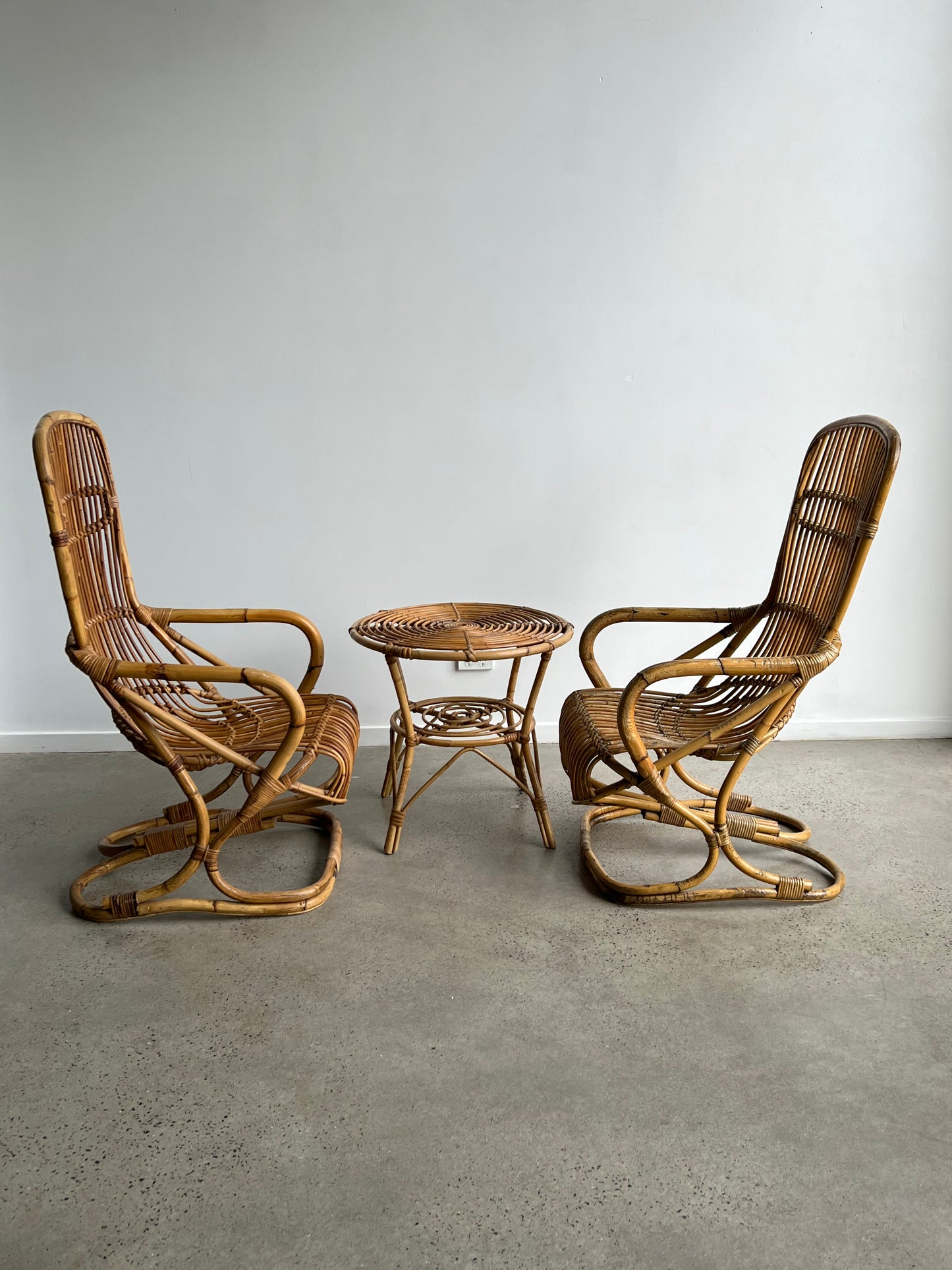 Italian Set of Two Chairs &  Side Table in Bamboo by Tito Agnoli, 1960s