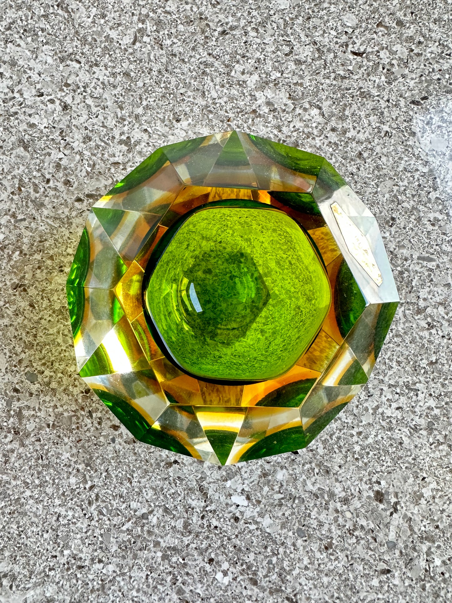 Mandruzzato Italian Murano Sommerso Green and Brown Thick Glass Ashtray, 1960s