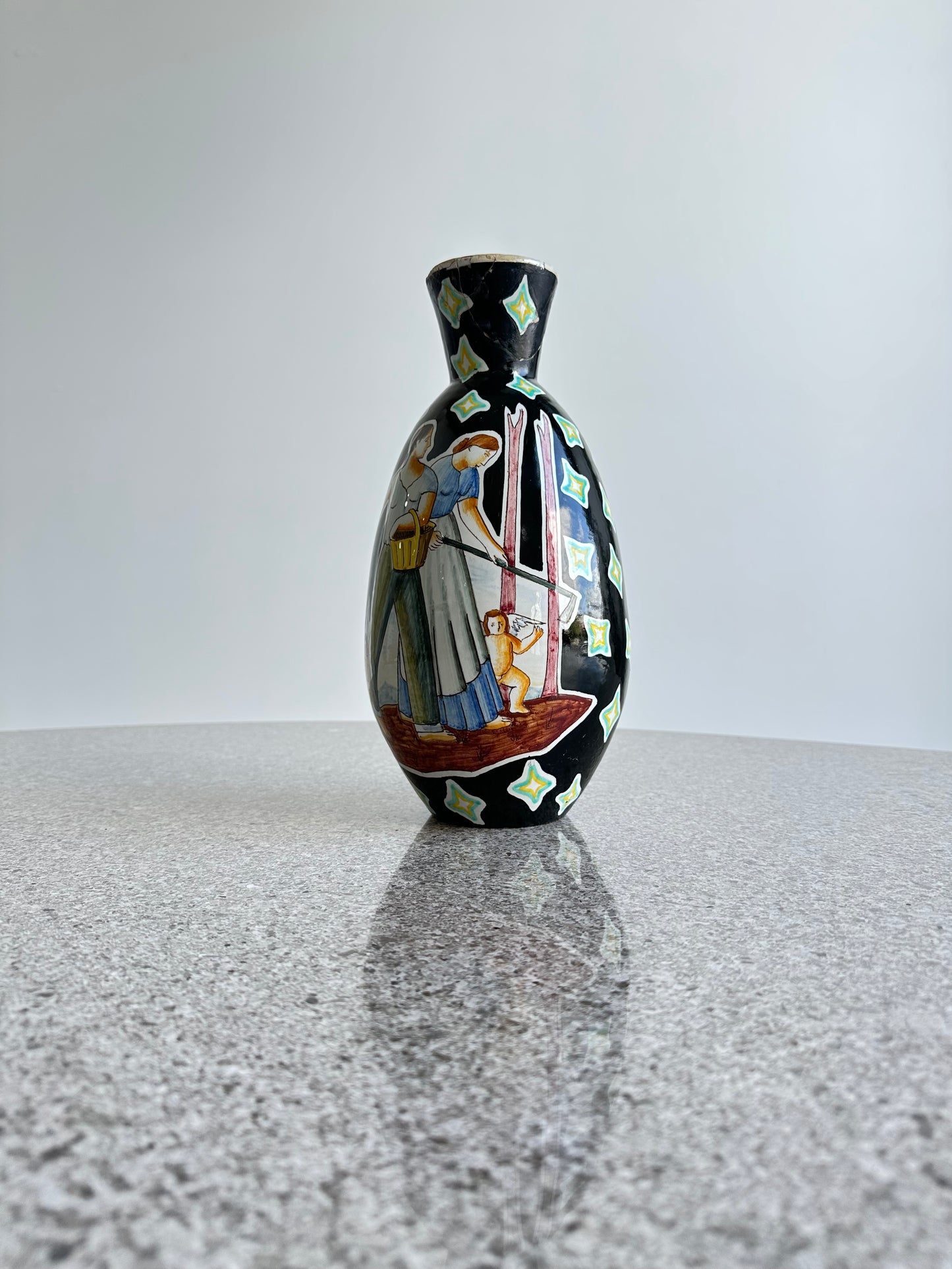 Imola Italian Large Black Hand Painted Ceramic Vase, 1960s