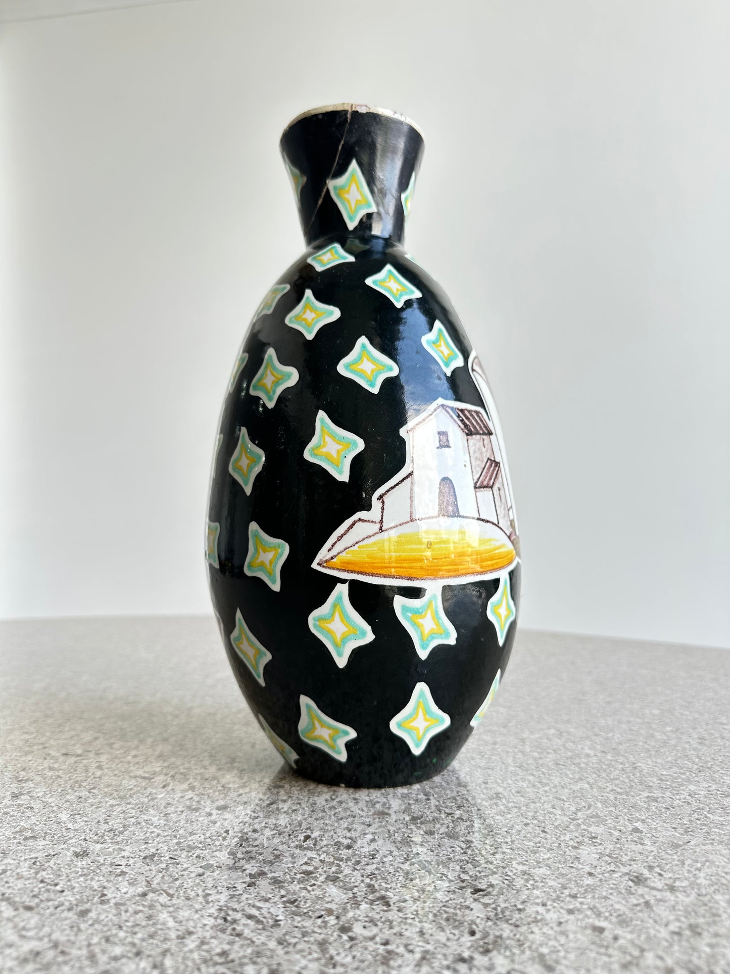 Imola Italian Large Black Hand Painted Ceramic Vase, 1960s