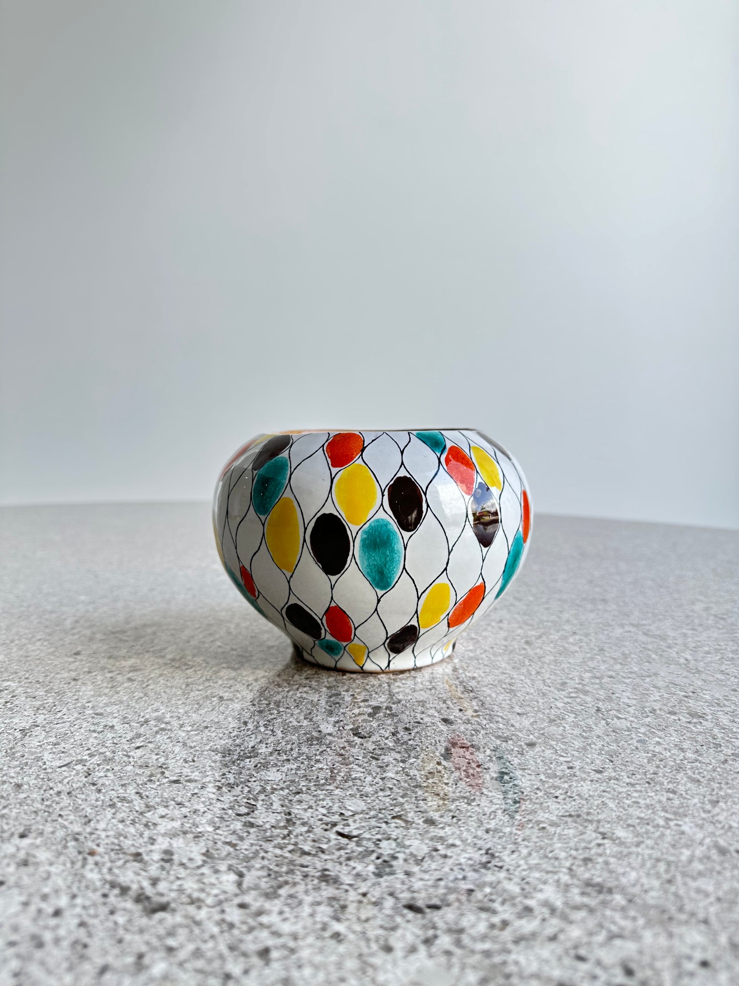 Rometti Italian Circular Glazed Multicoloured Hand Painted Ceramic Vase, 1970s