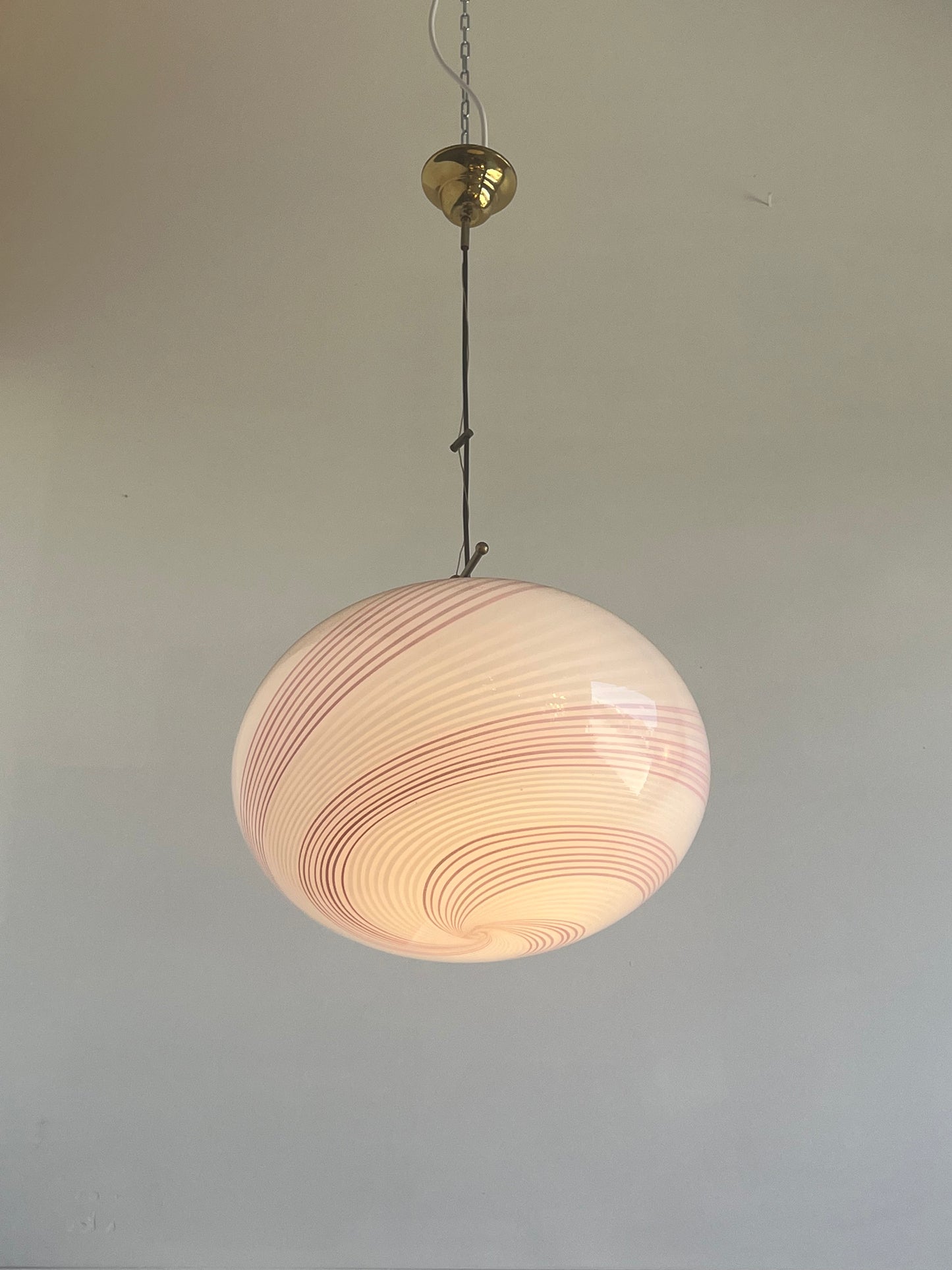 Paolo Venini Murano Glass and Brass With Light Pink Stripes Pendant Light, 1960s