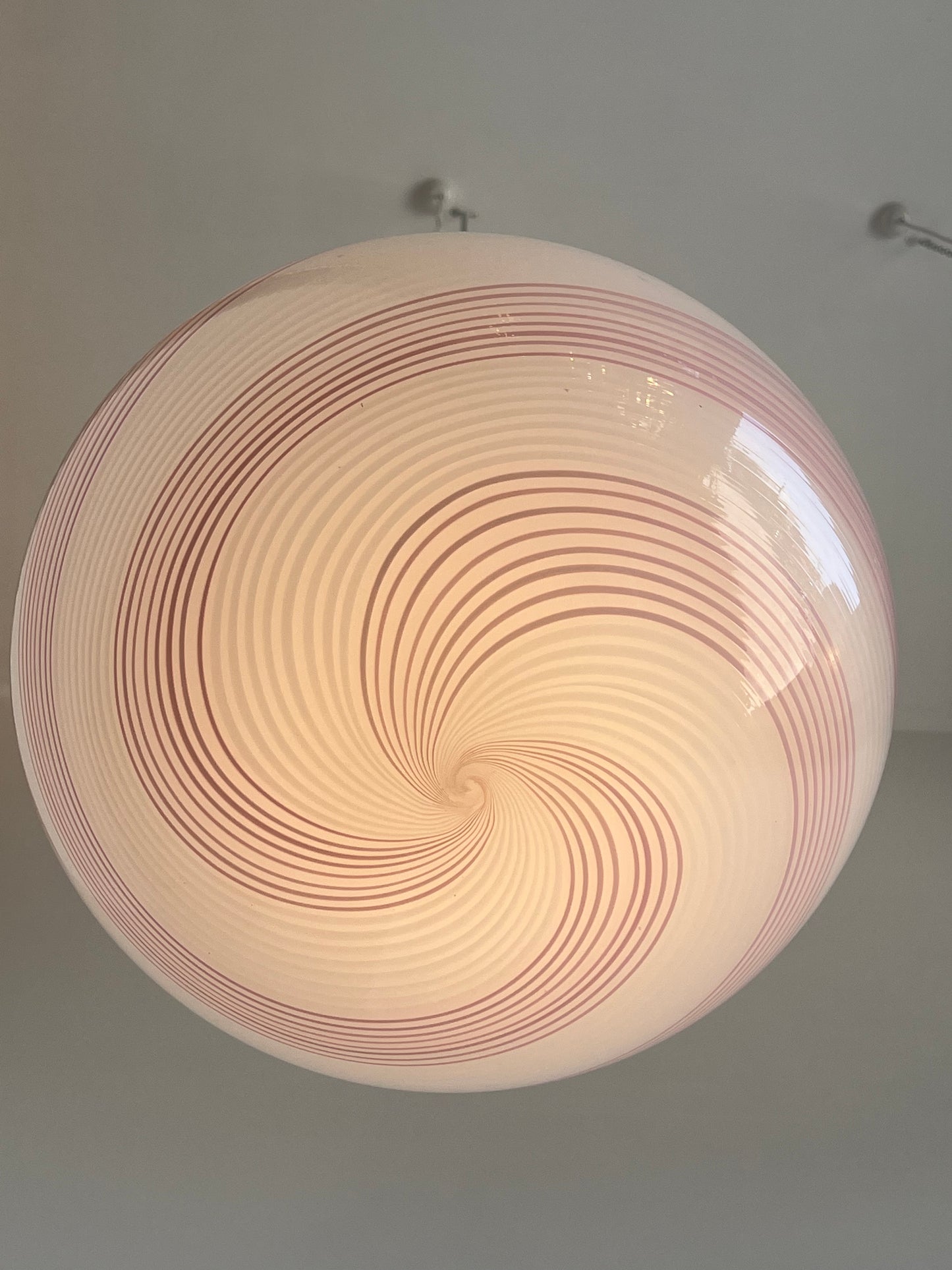 Paolo Venini Murano Glass and Brass With Light Pink Stripes Pendant Light, 1960s