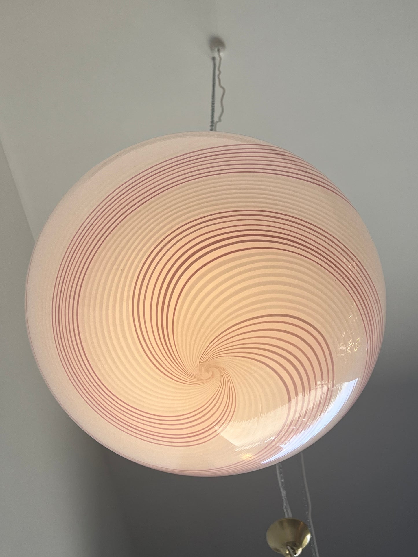 Paolo Venini Murano Glass and Brass With Light Pink Stripes Pendant Light, 1960s