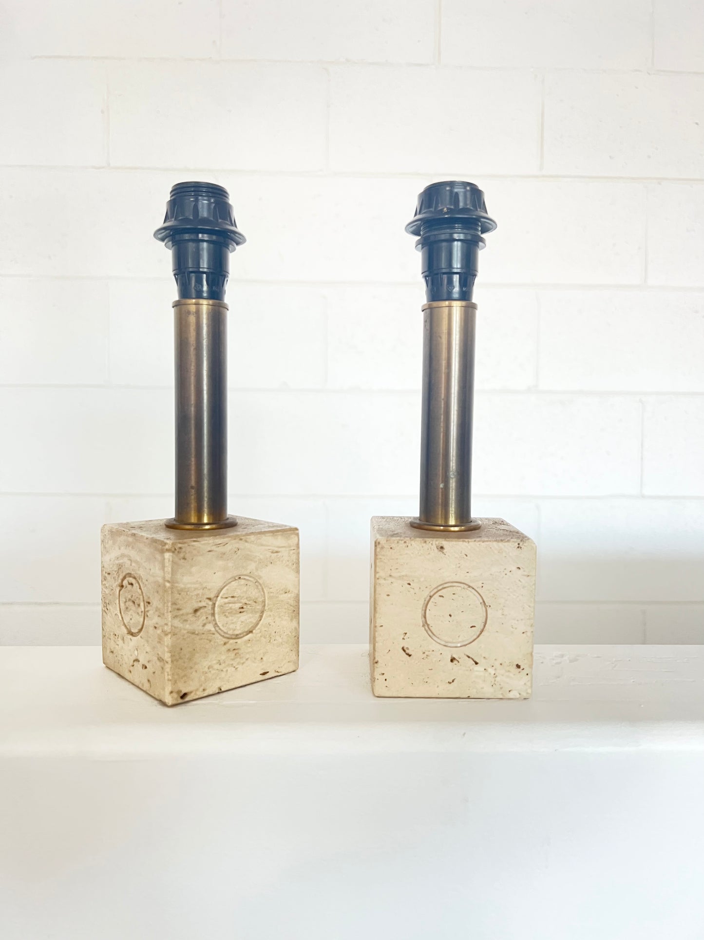 Pair of Travertine Base and Brass Square Table Lamps by Fratelli Mannelli, 1960s