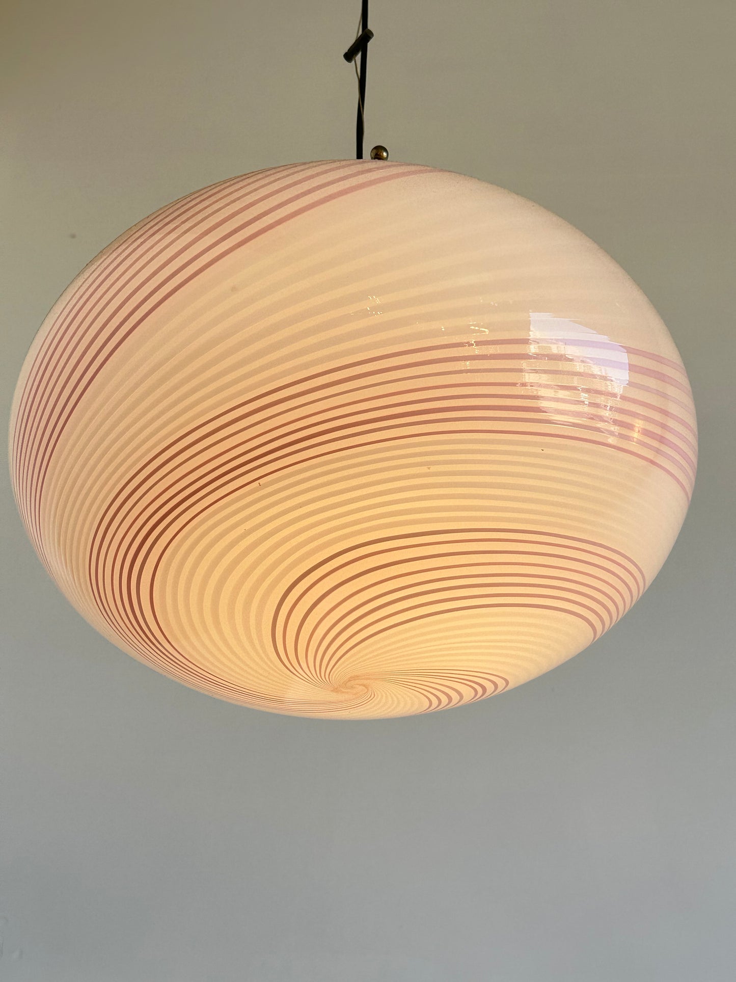 Paolo Venini Murano Glass and Brass With Light Pink Stripes Pendant Light, 1960s