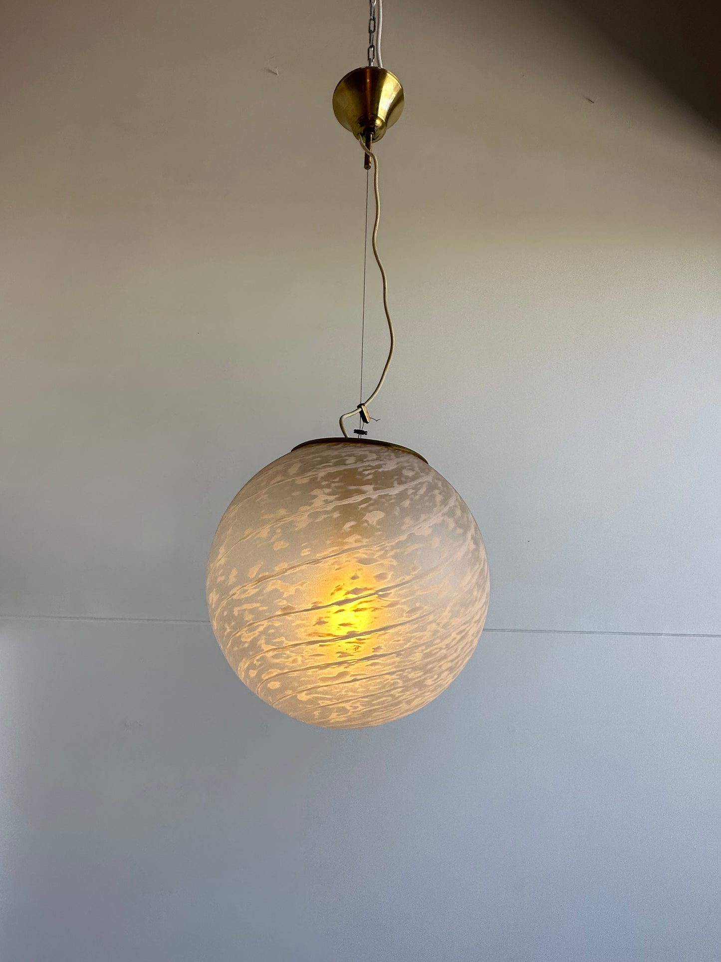 Paolo Venini Spherical Murano Glass with White Stripes & Brass Pendant Light, 1960s