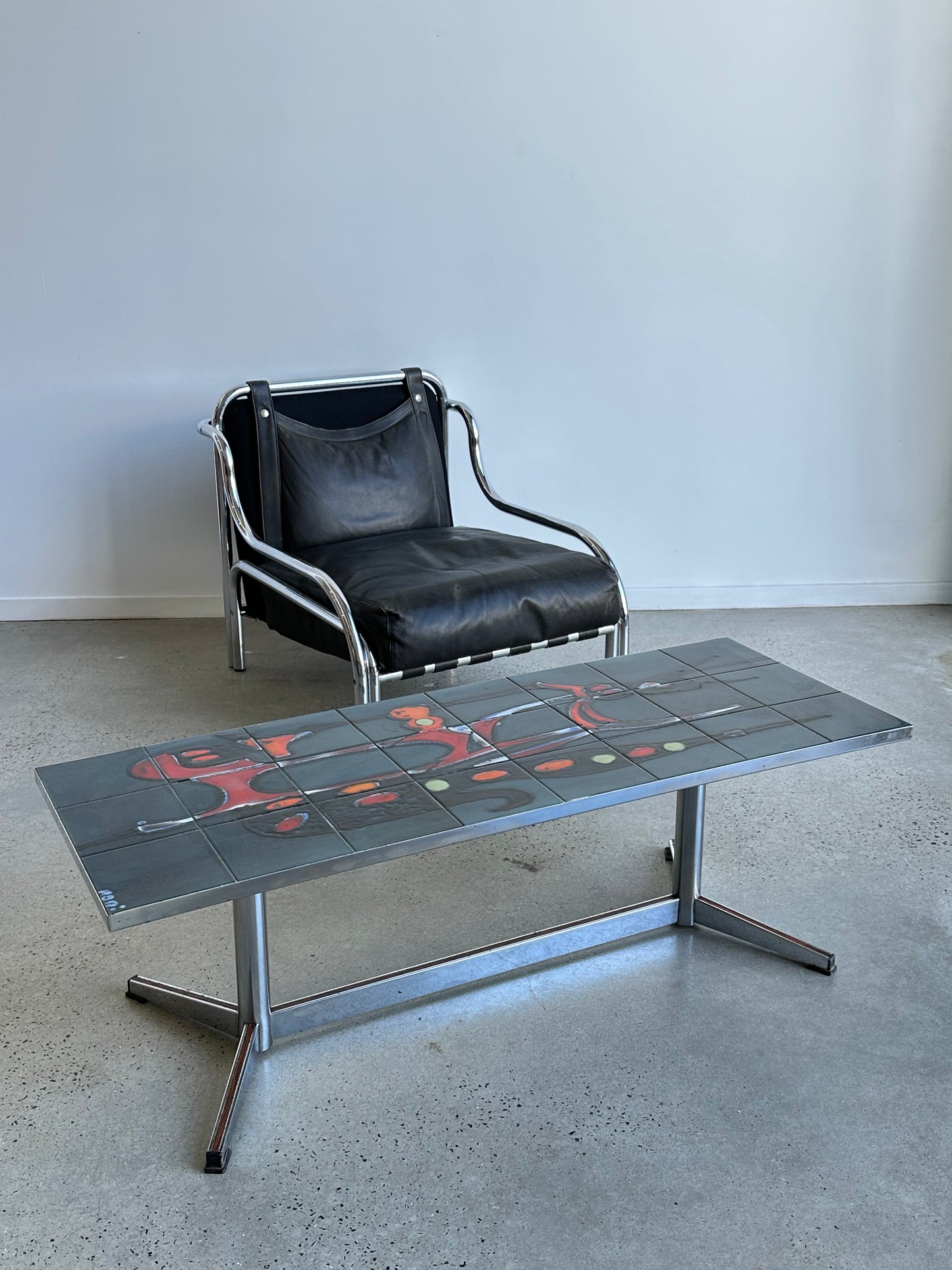 Adri Belgique Green, Red, Orange & Chrome Ceramic Top Coffee Table, 1960